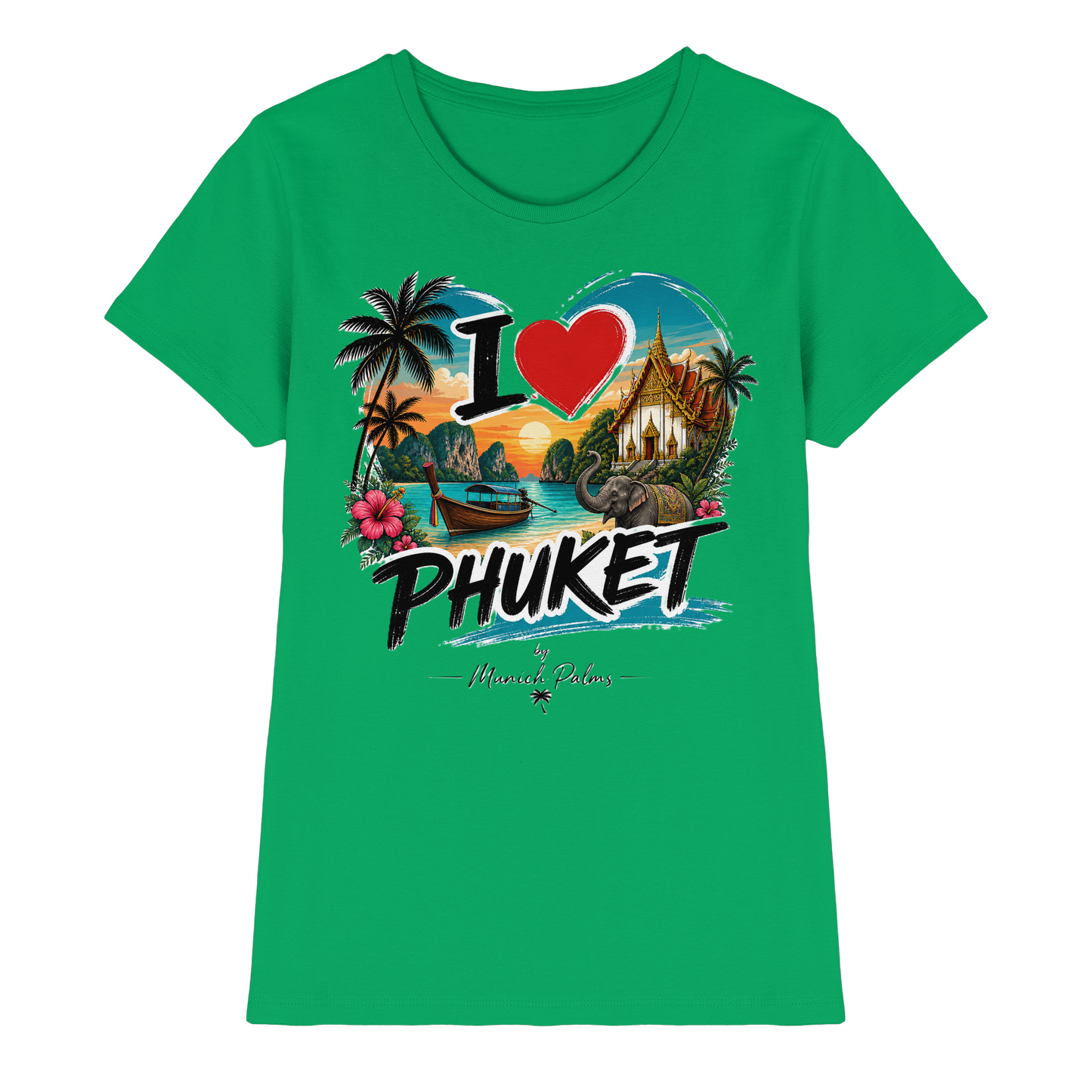 Hemd für Damen mit "I love Phuket" Aufdruck, grün, aus hochwertigem Material, Frontansicht, Damen-Premium-Shirt