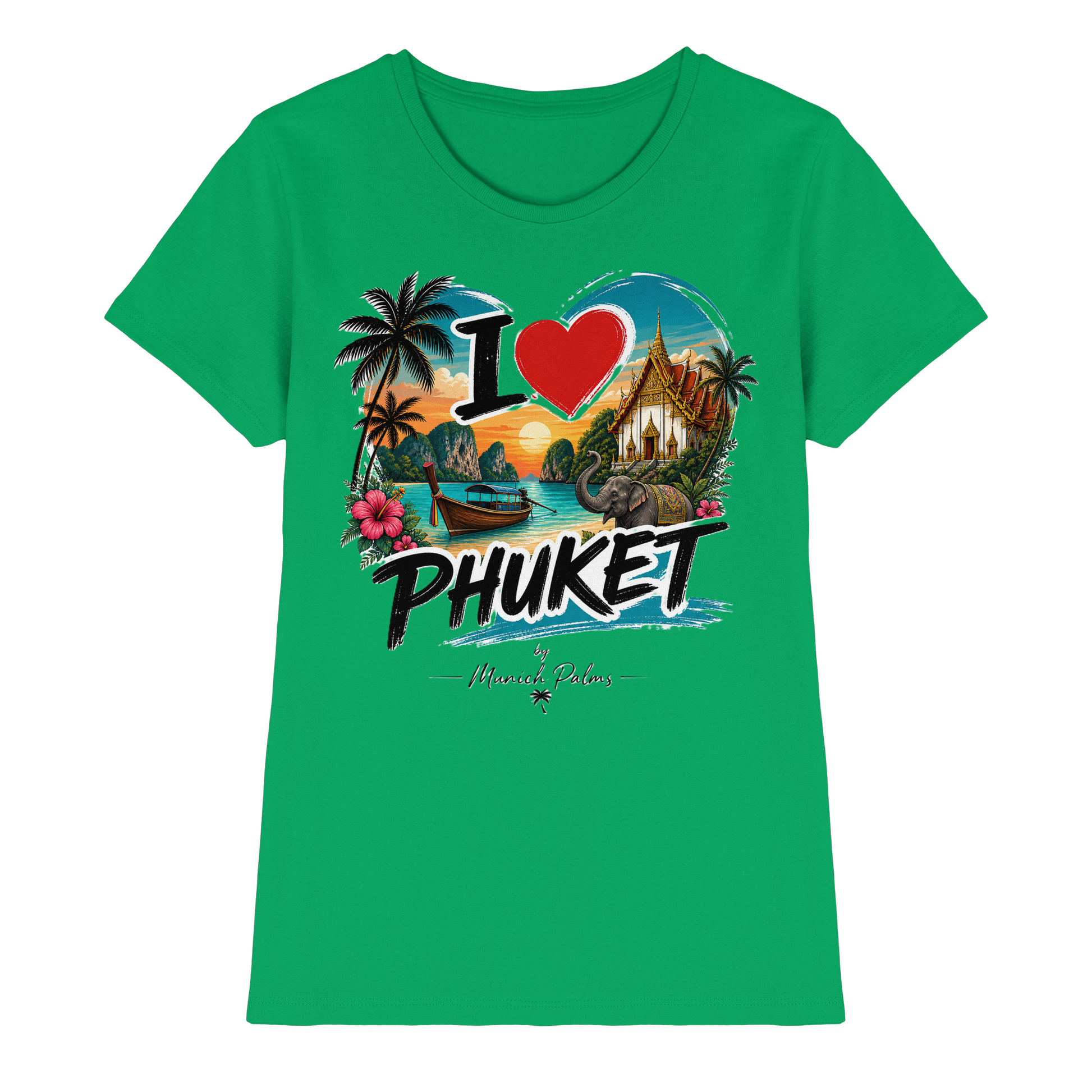 Hemd für Damen mit "I love Phuket" Aufdruck, grün, aus hochwertigem Material, Frontansicht, Damen-Premium-Shirt