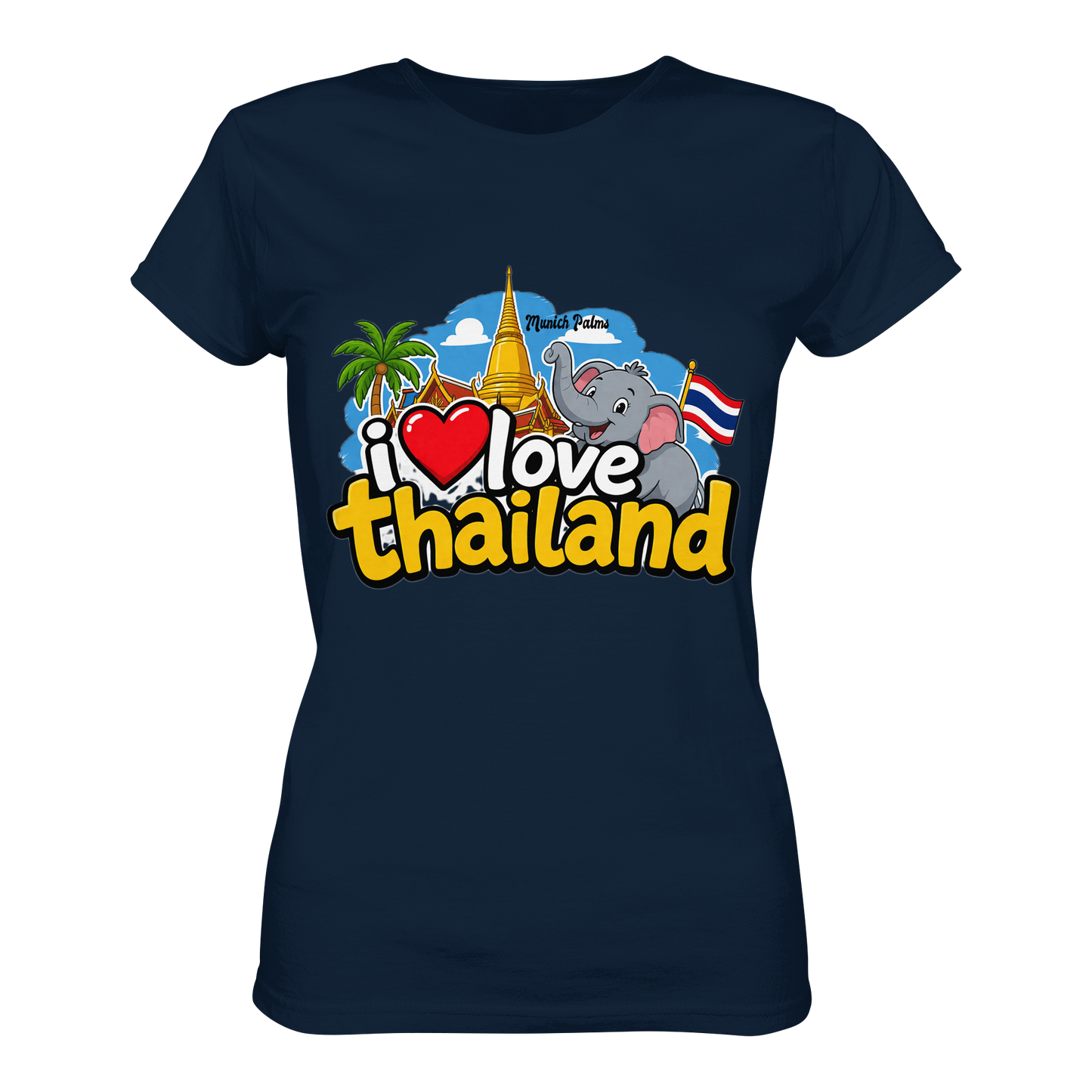 Damen Premium-Shirt mit "I love Thailand" Design in Navy, vorn sichtbar, bequemes Damen-Shirt, hochwertiger Stoff