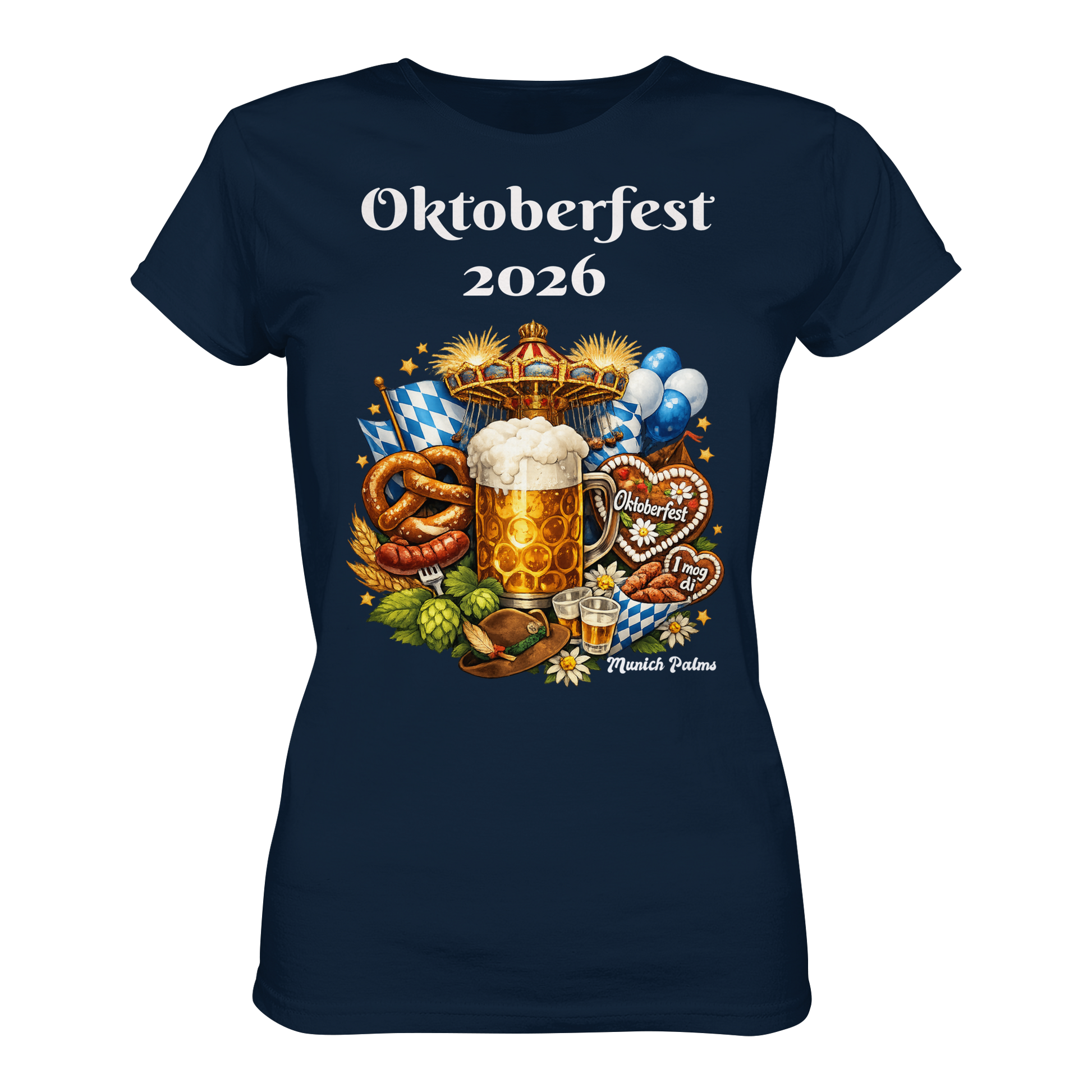 Damen Premium-Shirt mit Oktoberfest 2026 München Design, dunkelblau, Frontansicht, bequemes Lady-Shirt von Online Kaufhaus München