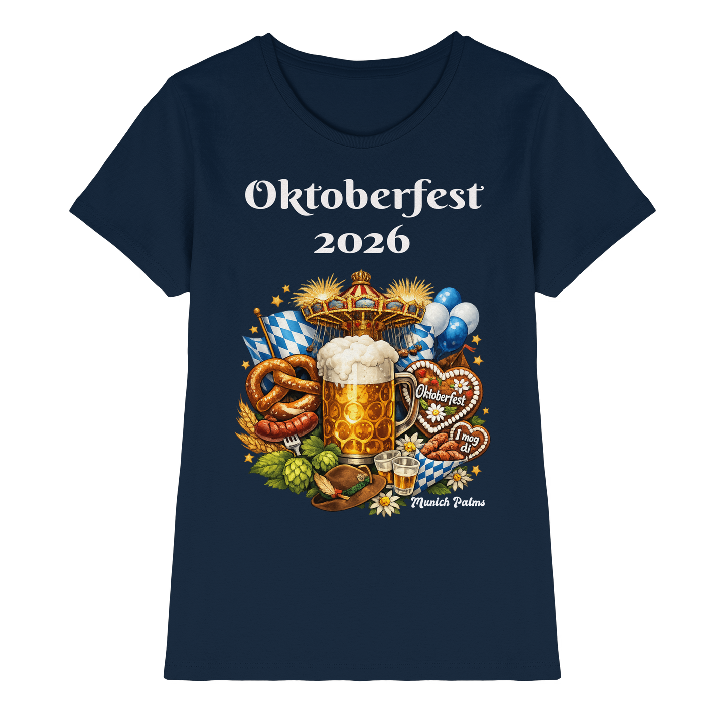 Damen Premium-Shirt mit Oktoberfest 2026 München Design, navyfarben, vorne sichtbar, stylish Damen-Dirndl-Shirt von Online Kaufhaus München