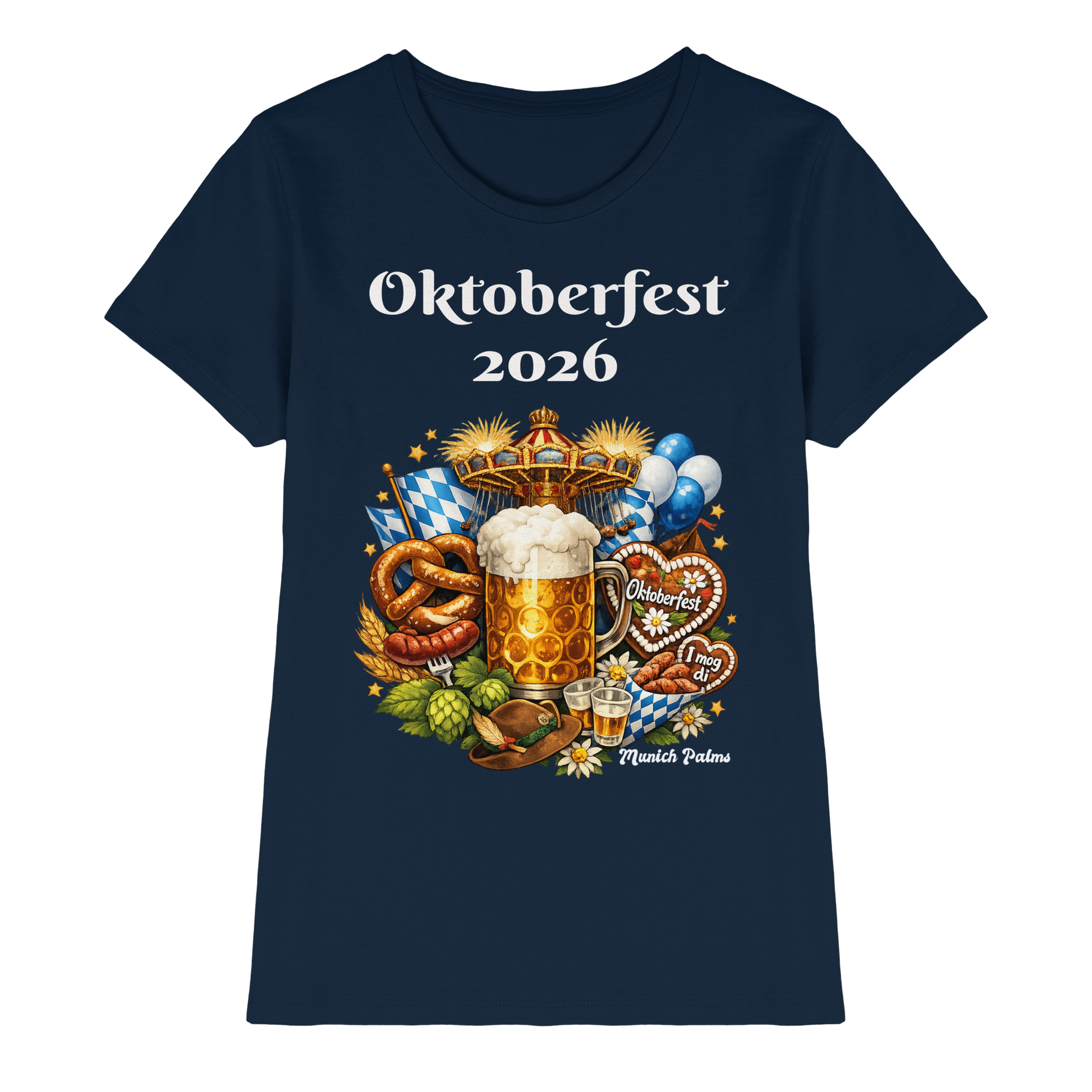 Damen Premium-Shirt mit Oktoberfest 2026 München Design, navyfarben, vorne sichtbar, stylish Damen-Dirndl-Shirt von Online Kaufhaus München
