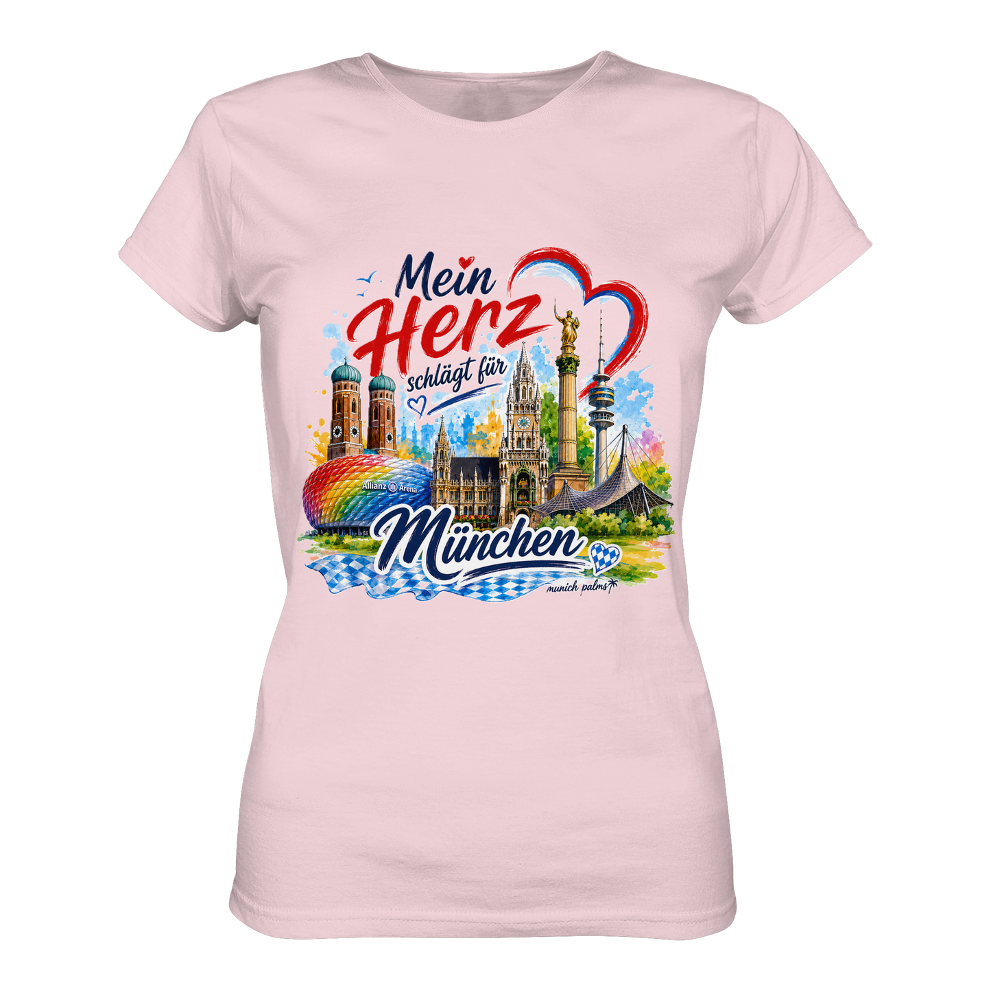 Buntes München Damen-Shirt mit Herz und Wahrzeichen, pinkes Design, Munich Palms, Frontansicht, modisches Damen-Shirt