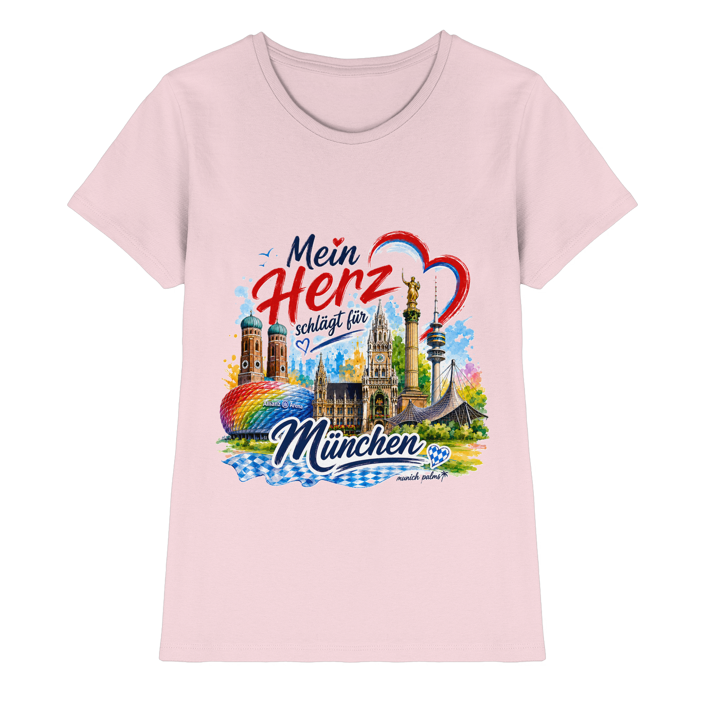 Buntes München Design mit Wahrzeichen auf pinkem Damen-Shirt, hochwertiges Lady-Shirt von Online Kaufhaus München