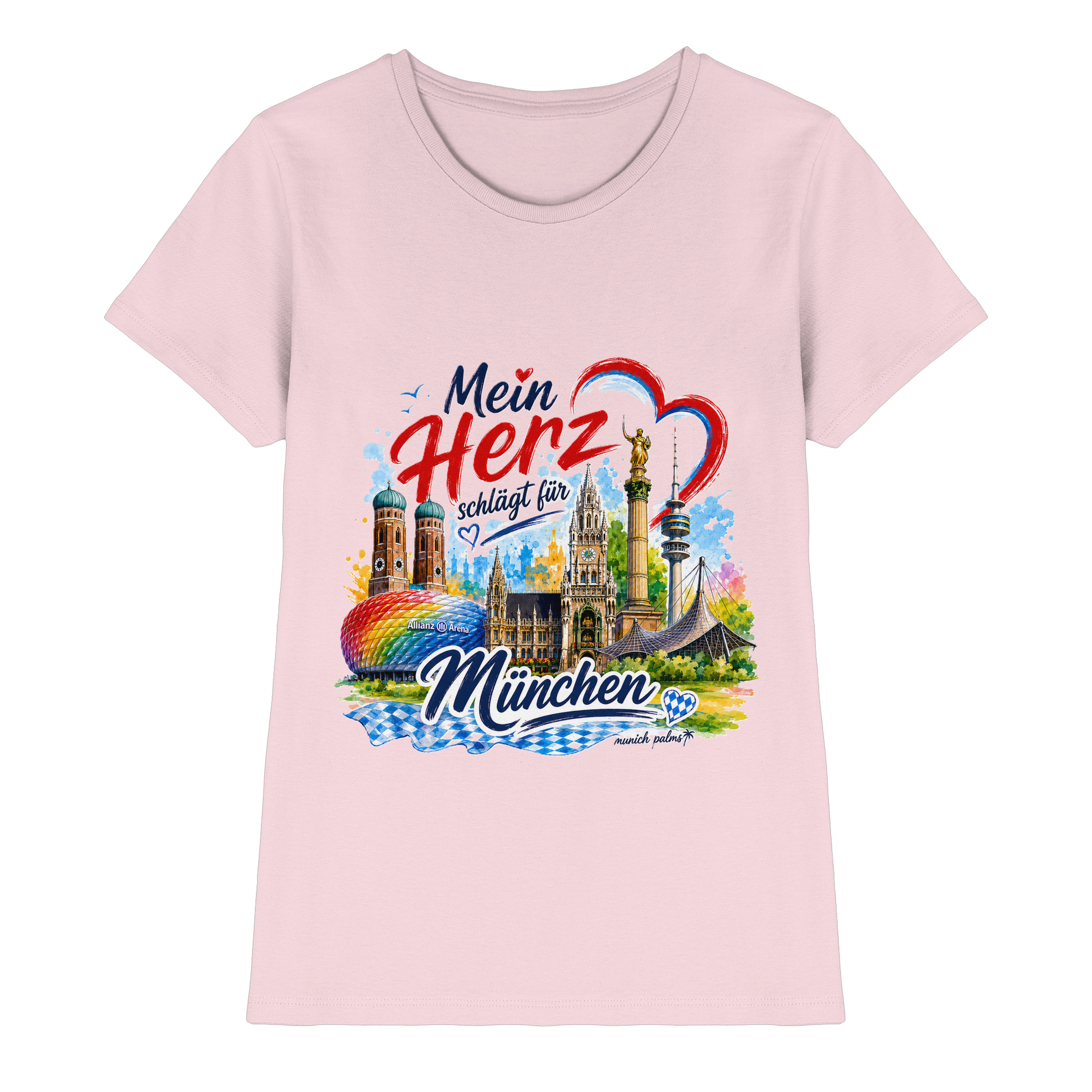 Buntes München Design mit Wahrzeichen auf pinkem Damen-Shirt, hochwertiges Lady-Shirt von Online Kaufhaus München