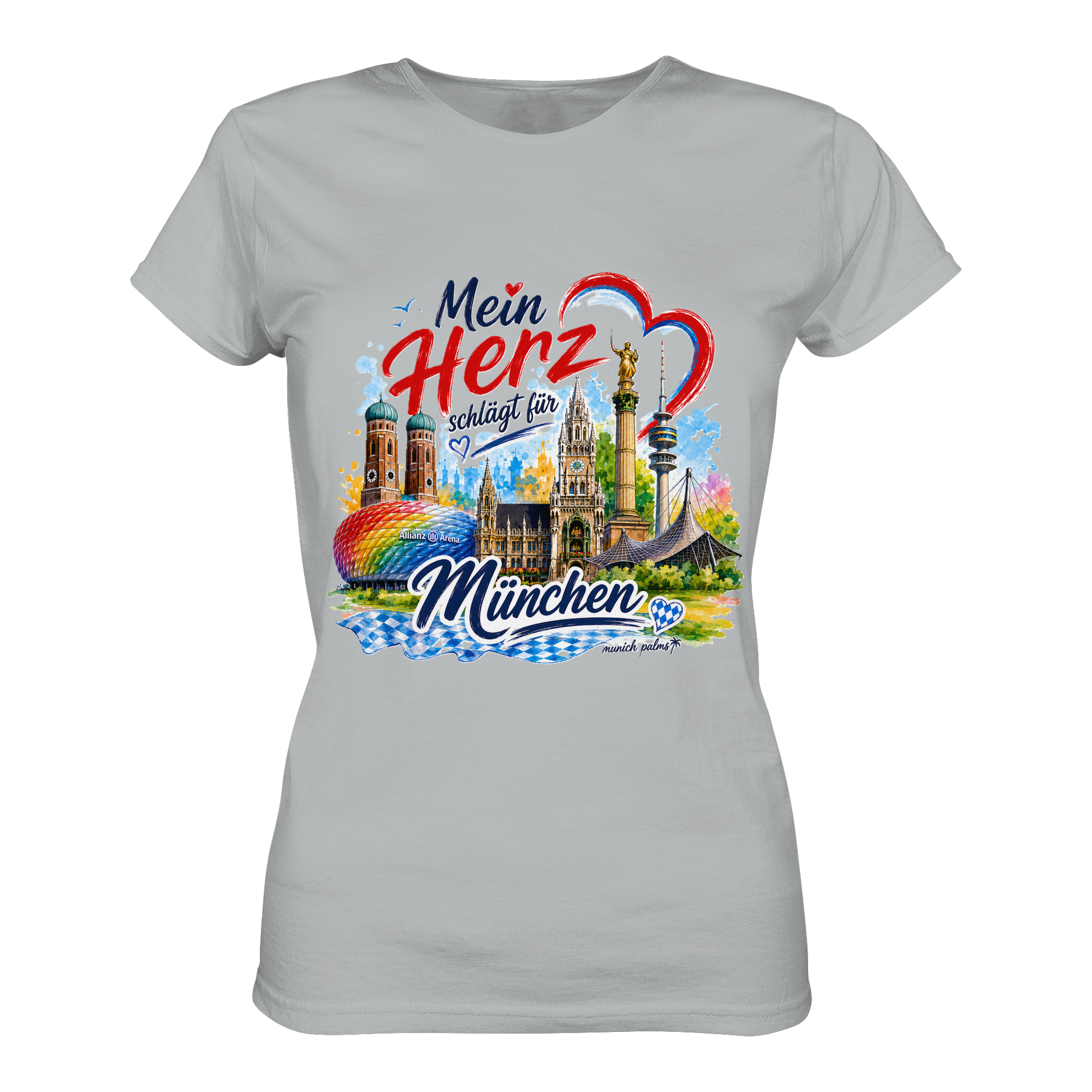 Buntes München Design auf einem grauen Damen-Shirt mit Wahrzeichen, hochwertiges Lady-Shirt von Munich Palms für München-Liebhaber.