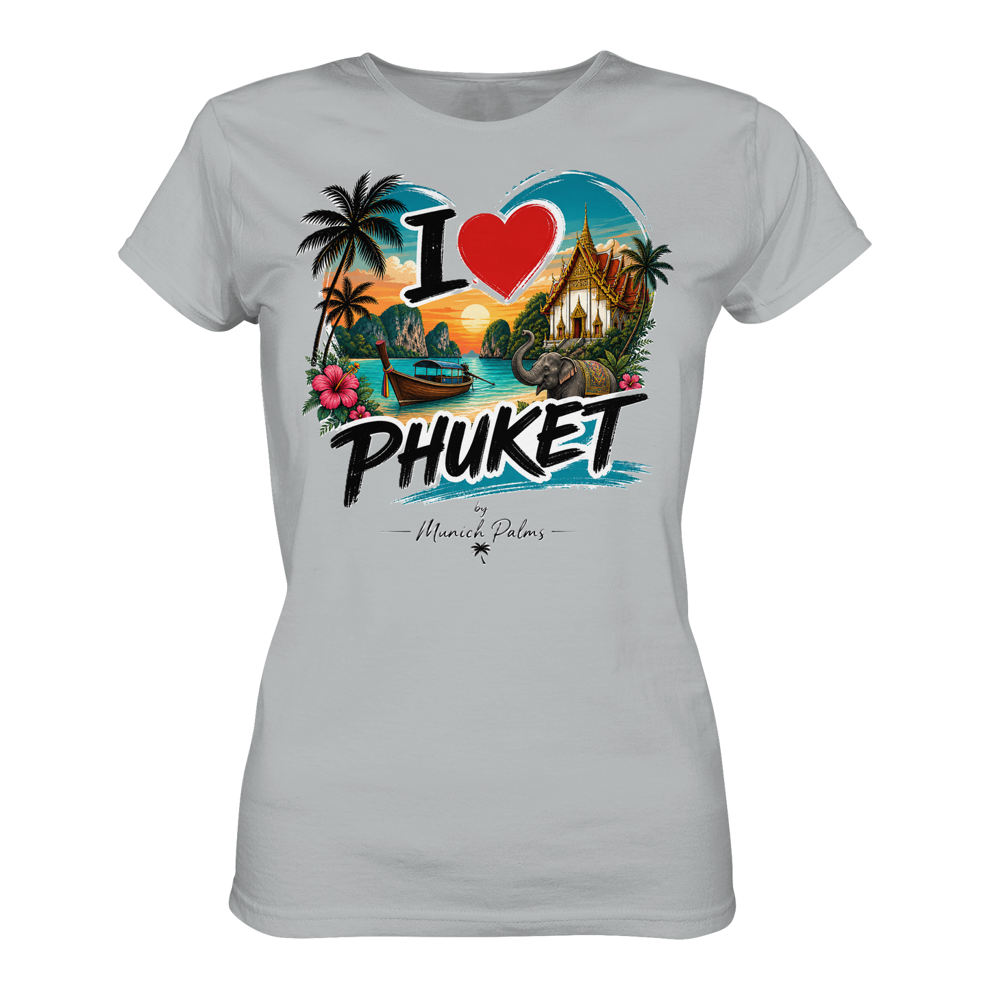 Damen Premium-Shirt mit "I love Phuket" Aufdruck, graues Lady-Shirt von Online Kaufhaus München, vorne sichtbar.