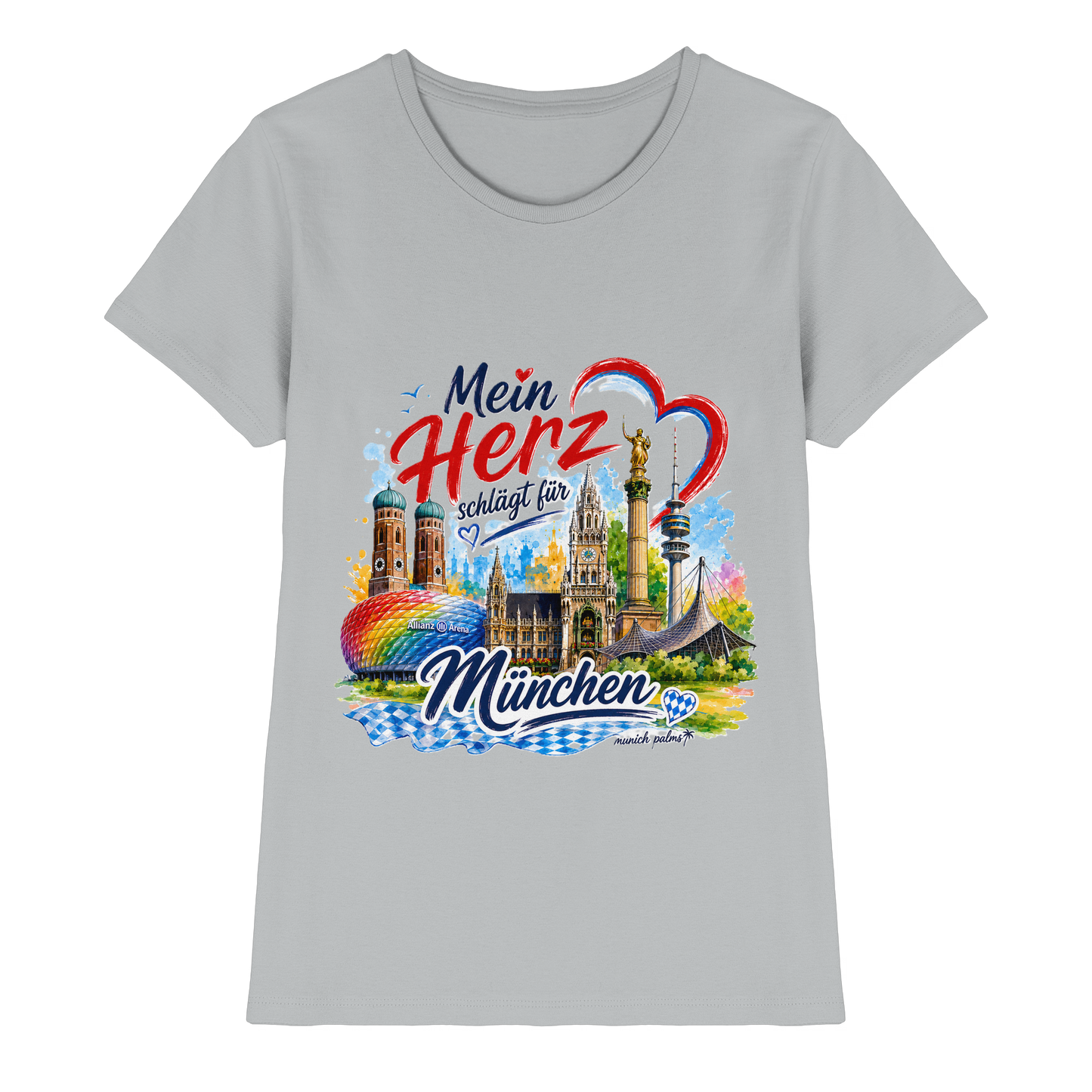 Hübsches Damen-Shirt mit buntem München Design und Wahrzeichen, aus der Munich Palms Kollektion in Grau, für Modebewusste.