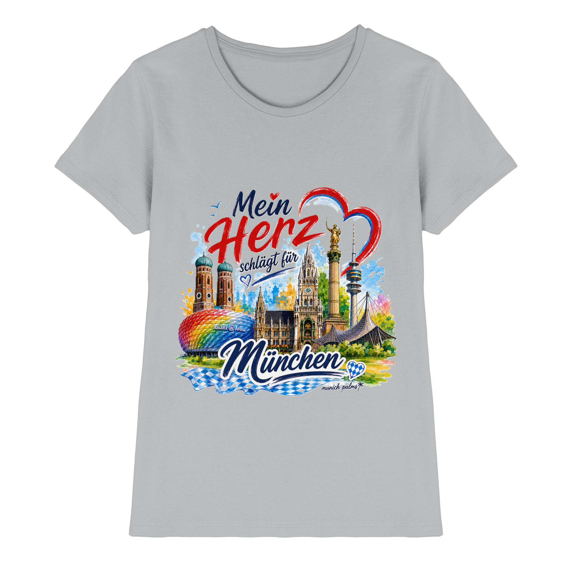 Hübsches Damen-Shirt mit buntem München Design und Wahrzeichen, aus der Munich Palms Kollektion in Grau, für Modebewusste.