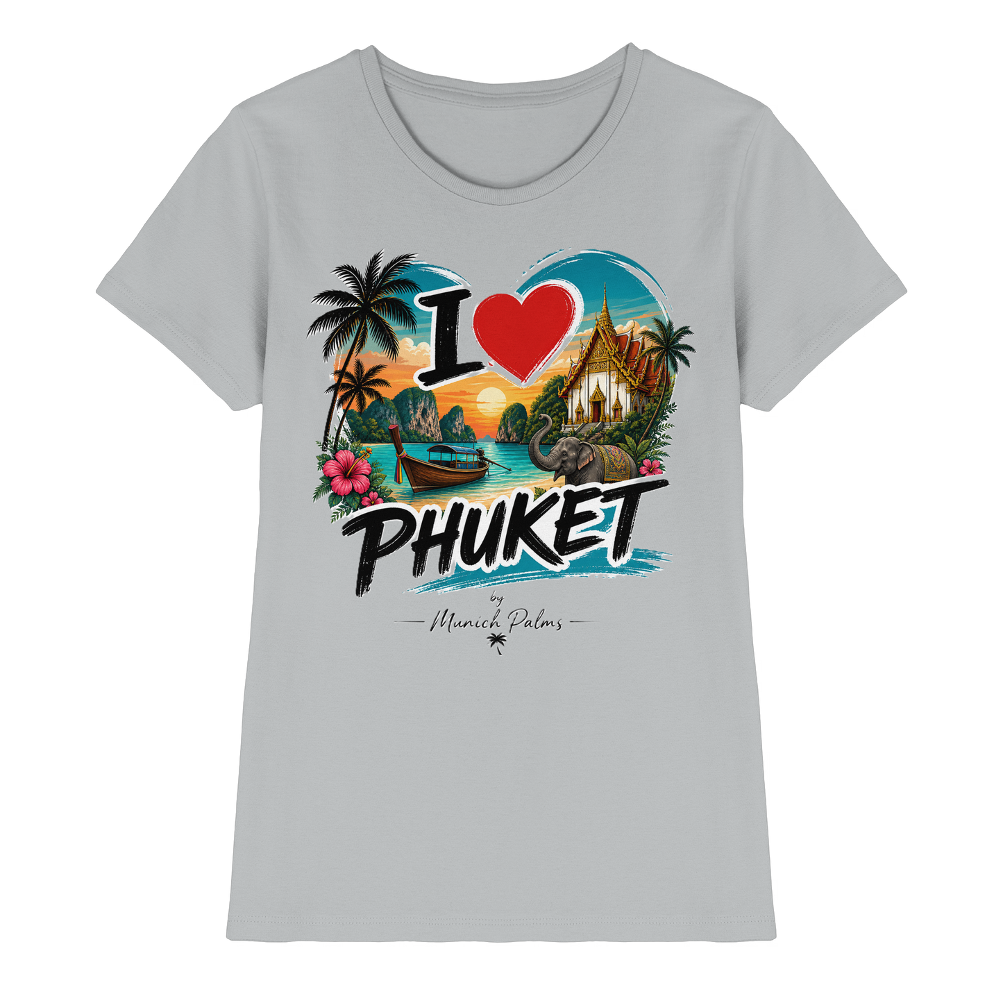 Damen Premium-Shirt mit "I love Phuket" Aufdruck, graues Damen-Shirt aus weichem Stoff, Vorderansicht, modischer Damen-Lady-Shirt.