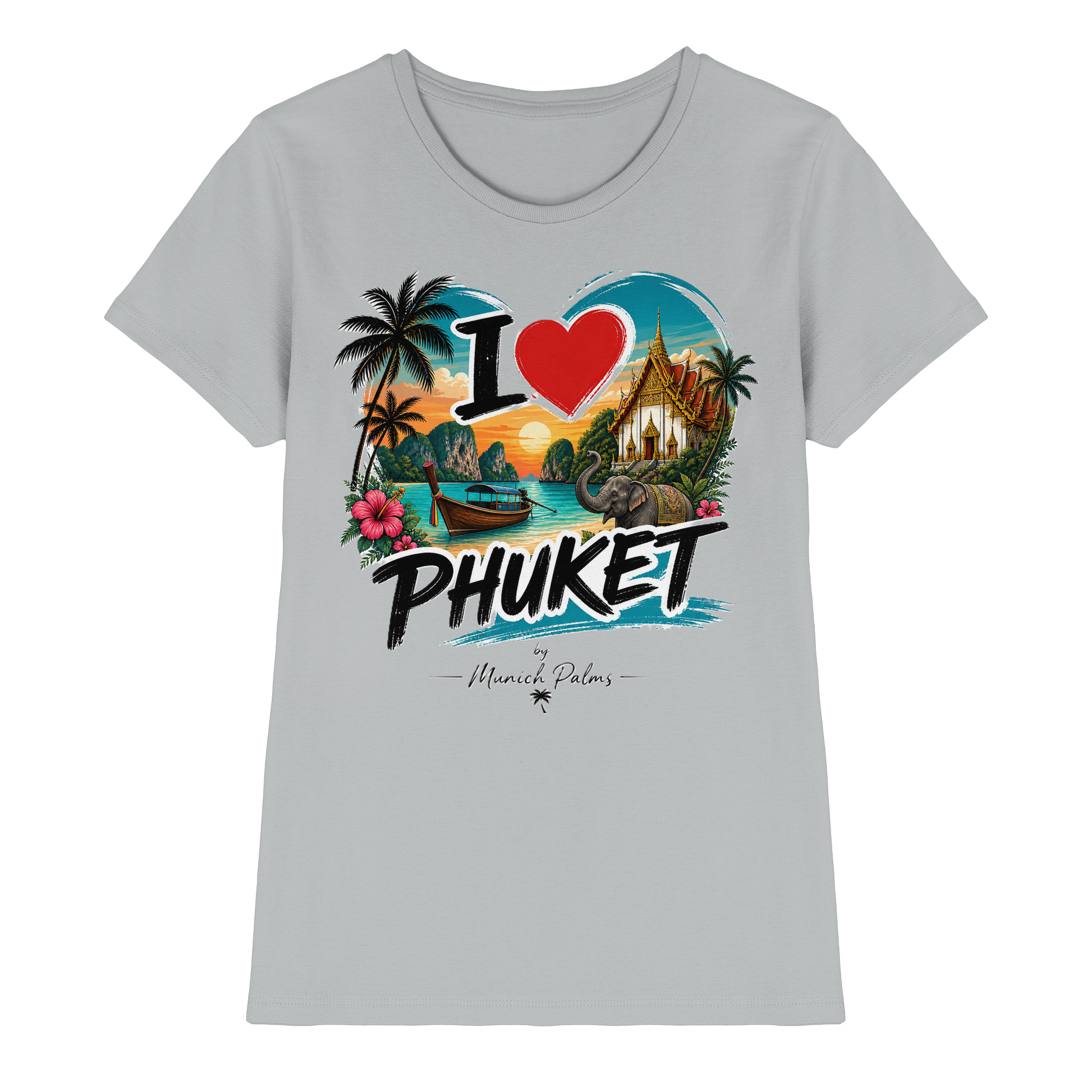 Damen Premium-Shirt mit "I love Phuket" Aufdruck, graues Damen-Shirt aus weichem Stoff, Vorderansicht, modischer Damen-Lady-Shirt.