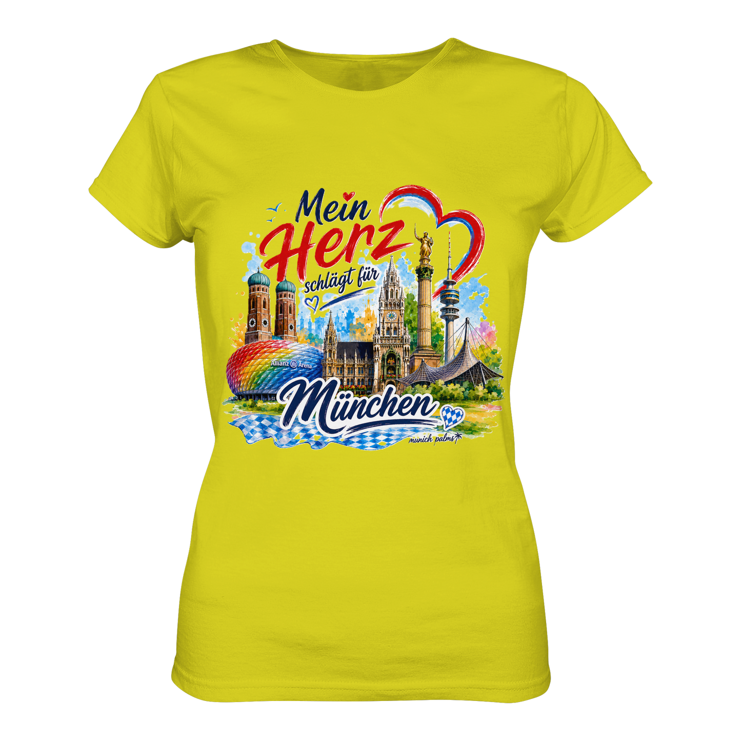 Buntes München Damen-Shirt mit Wahrzeichen, "Mein Herz schlägt für München" Design, bequemes Lady-Shirt von Munich Palms.