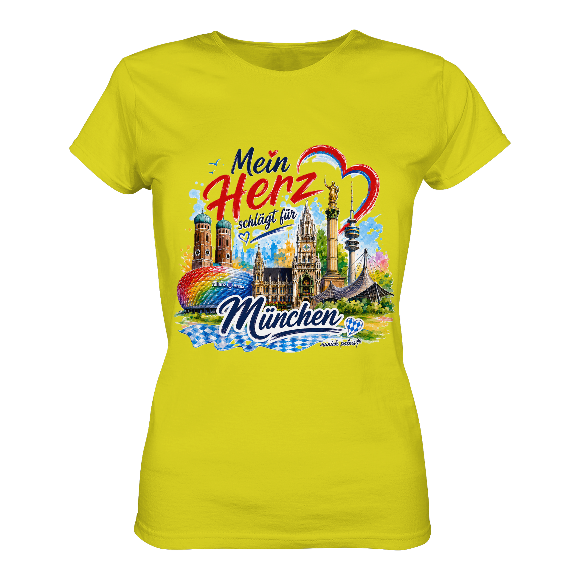 Buntes München Damen-Shirt mit Wahrzeichen, "Mein Herz schlägt für München" Design, bequemes Lady-Shirt von Munich Palms.