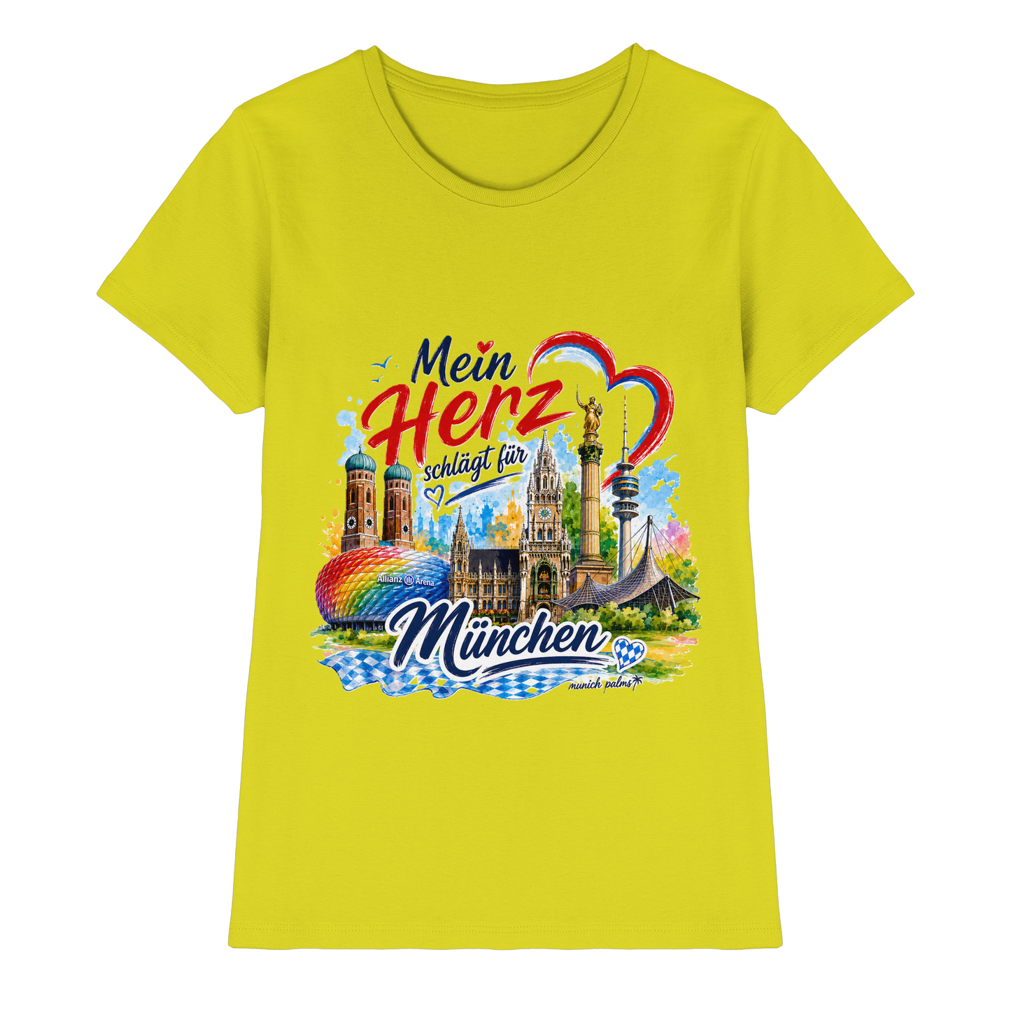 Buntes München Design auf Ladies Premium Shirt mit Wahrzeichen, modernes München Shirt von Munich Palms in Lime.