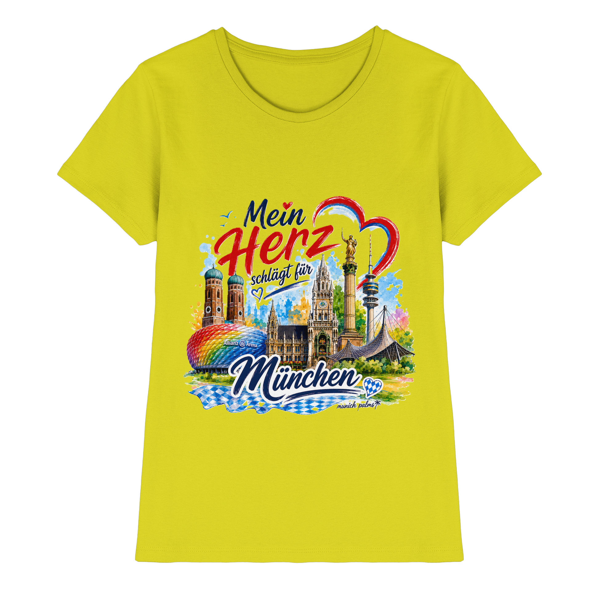 Buntes München Design auf Ladies Premium Shirt mit Wahrzeichen, modernes München Shirt von Munich Palms in Lime.