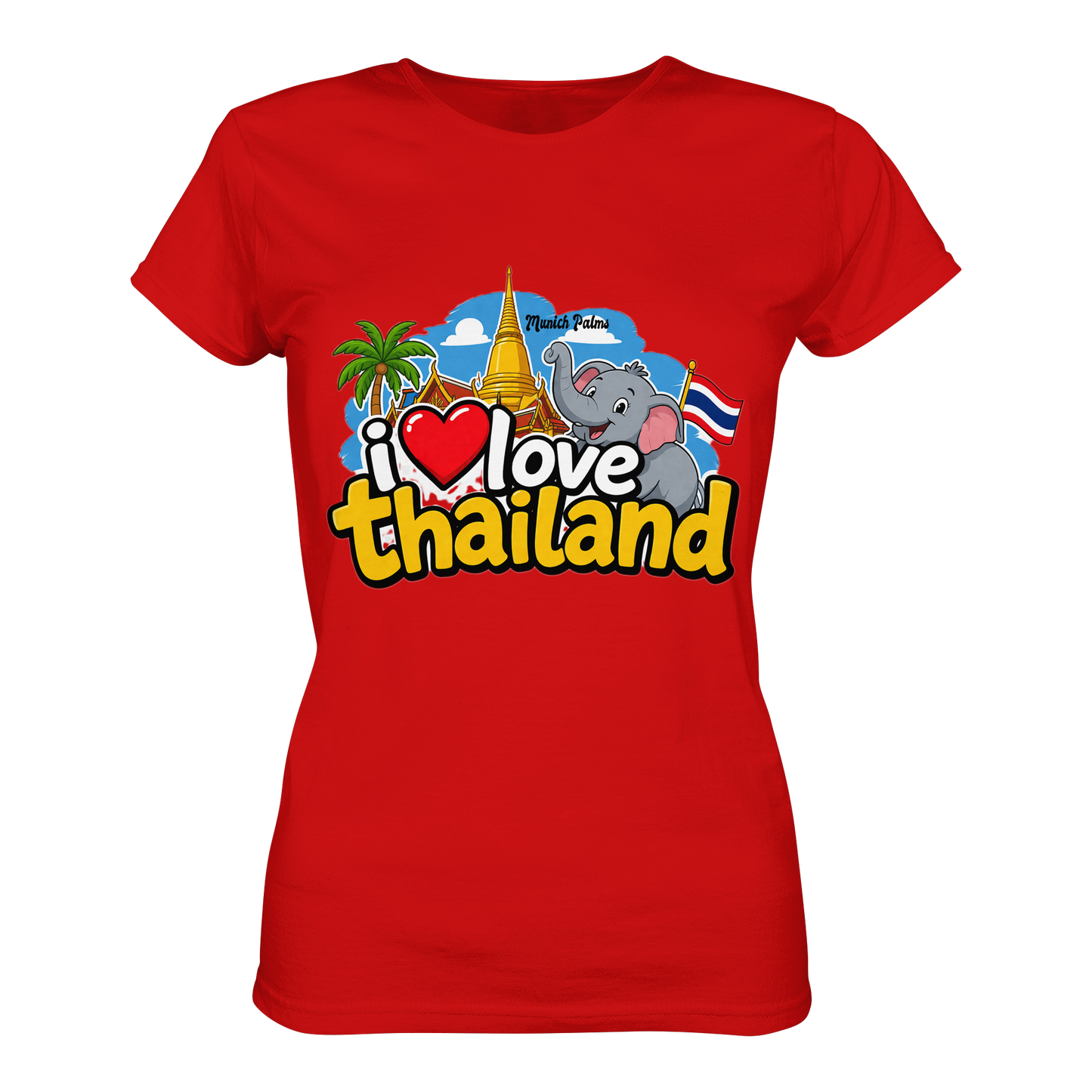 Rotes Damen-Shirt mit "I love Thailand" Druck, Premium-Ladymodell, Frontansicht, bequemes Damen-T-Shirt in hochwertiger Qualität