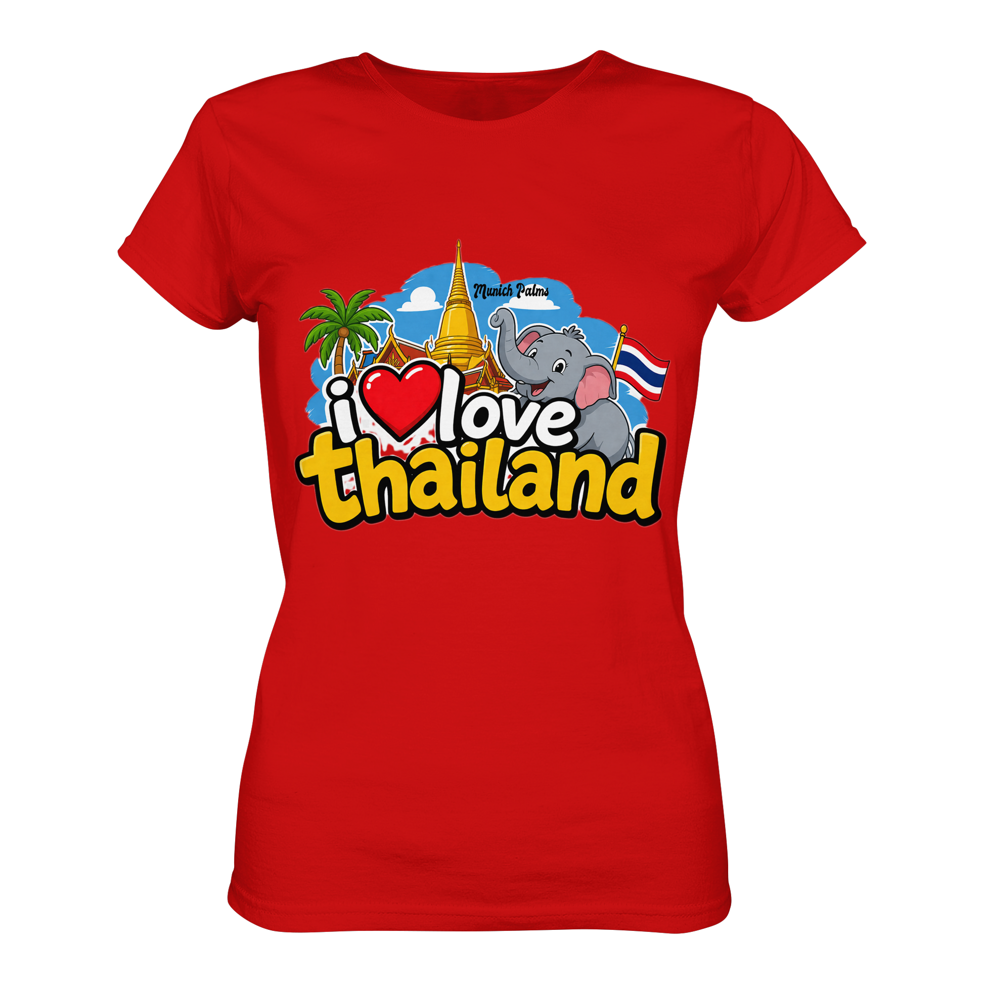 Rotes Damen-Shirt mit "I love Thailand" Druck, Premium-Ladymodell, Frontansicht, bequemes Damen-T-Shirt in hochwertiger Qualität