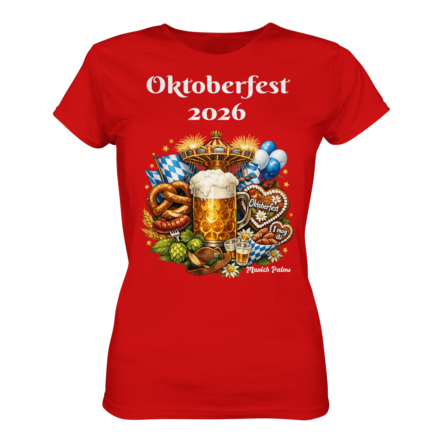 Rotes Damen-Premium-Shirt mit Oktoberfest 2026 München Design, frontansicht, bequemes Trachten-Ladies-Shirt von Online Kaufhaus München