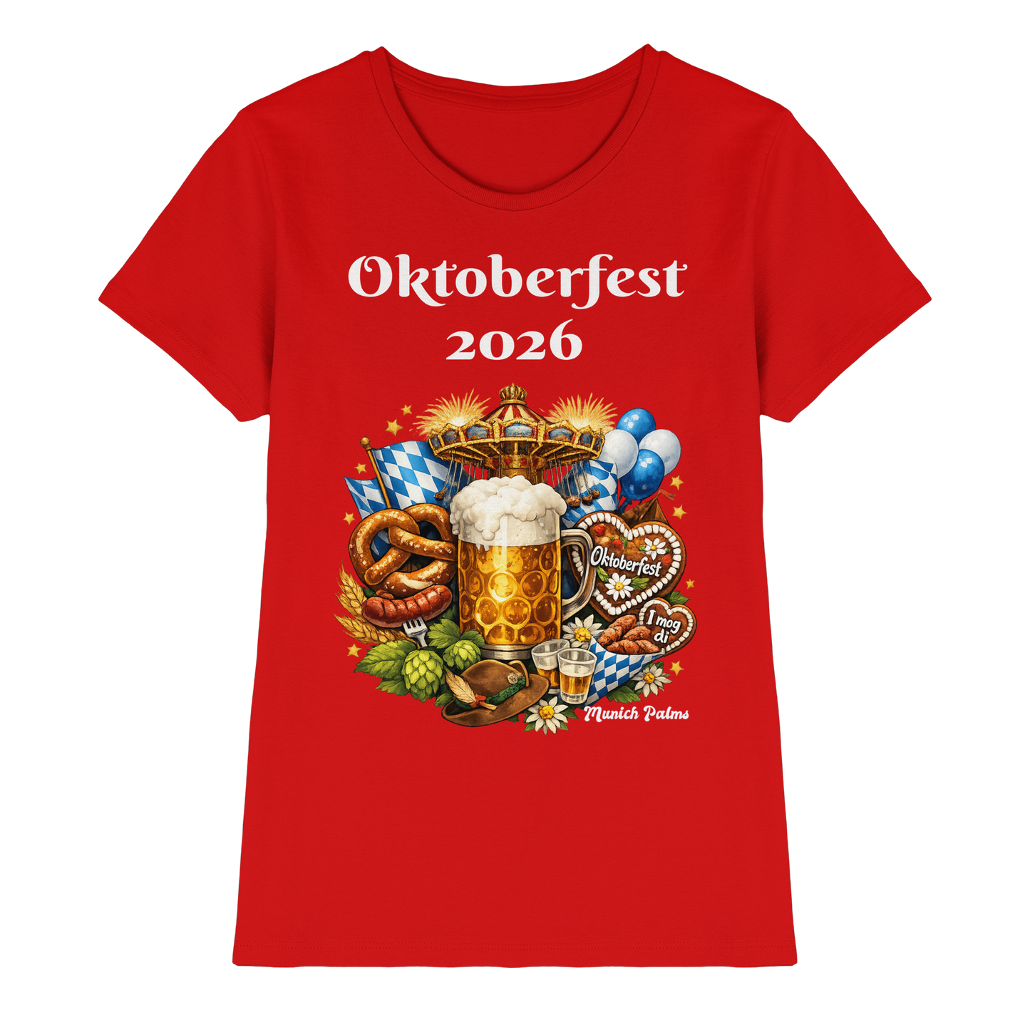 Rotes Damen-Premium-Shirt mit Oktoberfest 2026 München Design, Frontansicht, bequemes Damen-Shirt von Online Kaufhaus München