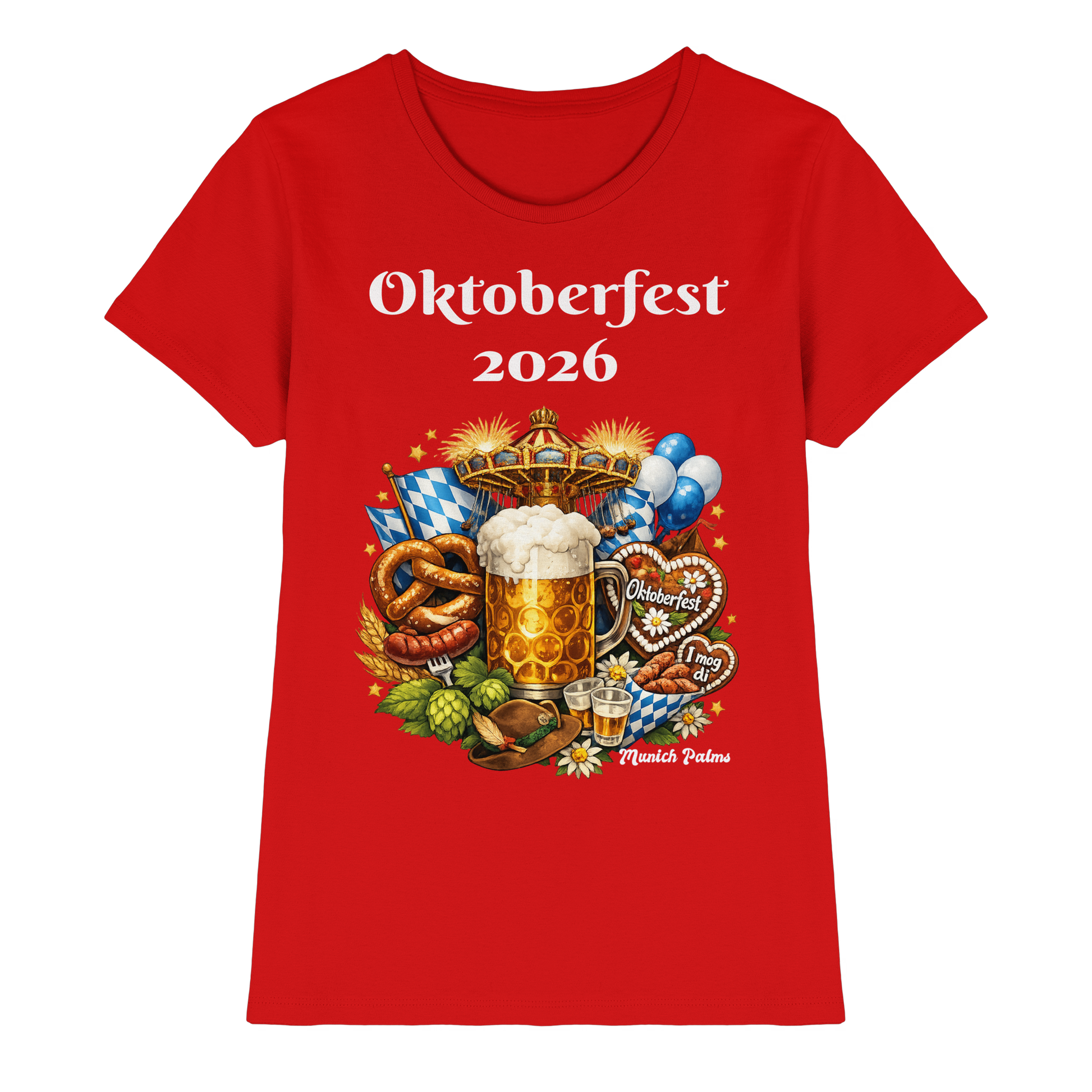 Rotes Damen-Premium-Shirt mit Oktoberfest 2026 München Design, Frontansicht, bequemes Damen-Shirt von Online Kaufhaus München