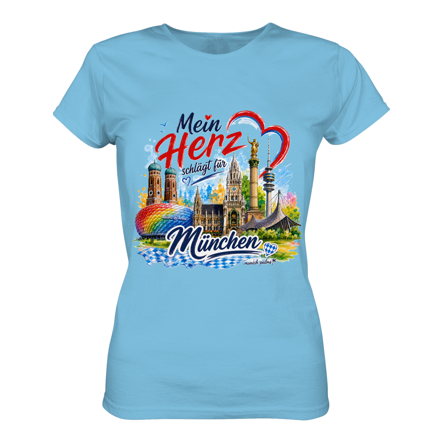 Buntes München Design auf Hellblauem Damen-Shirt mit Wahrzeichen, stilvoller Print, Munich Palms Marken-Logo, modisches Lady-Shirt