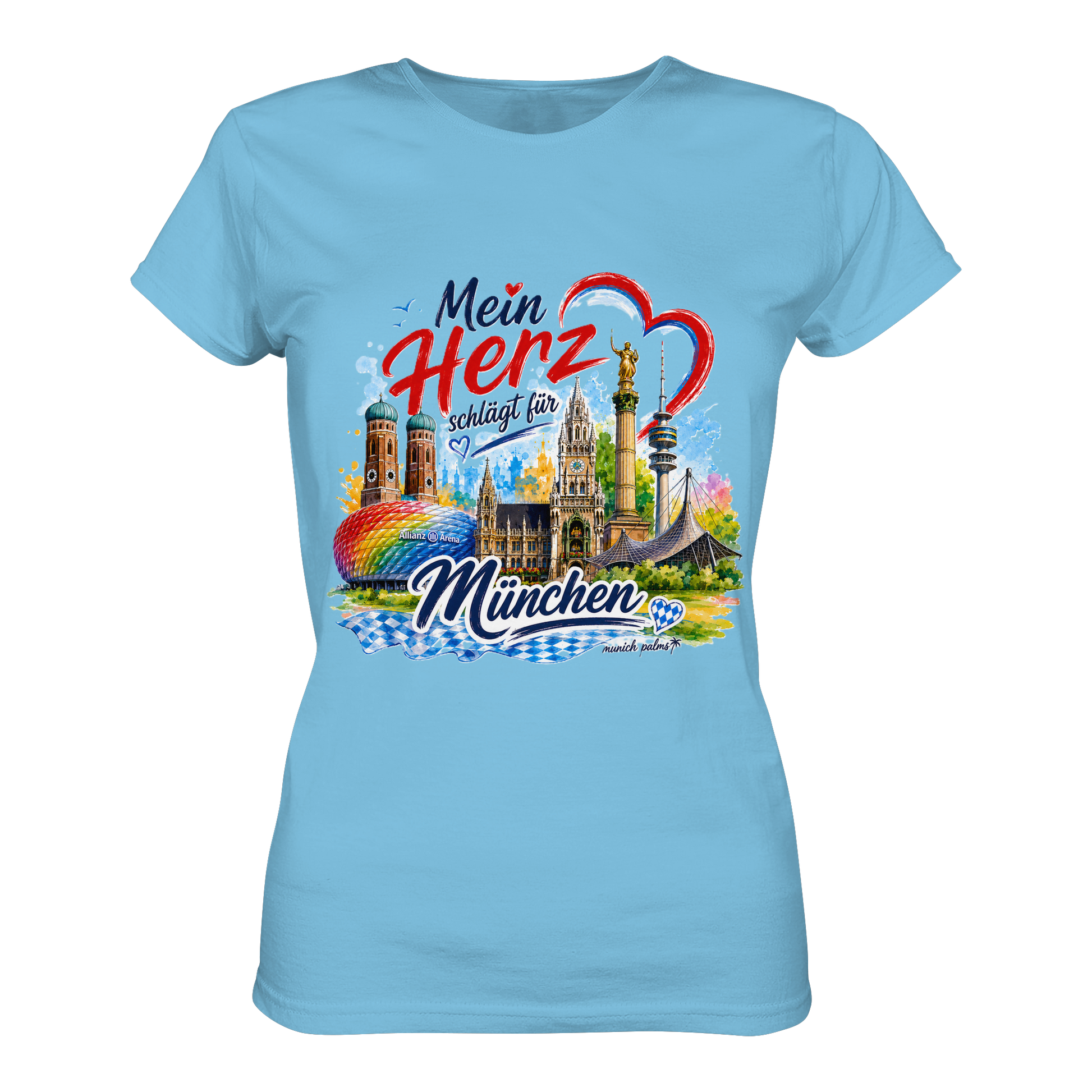 Buntes München Design auf Hellblauem Damen-Shirt mit Wahrzeichen, stilvoller Print, Munich Palms Marken-Logo, modisches Lady-Shirt