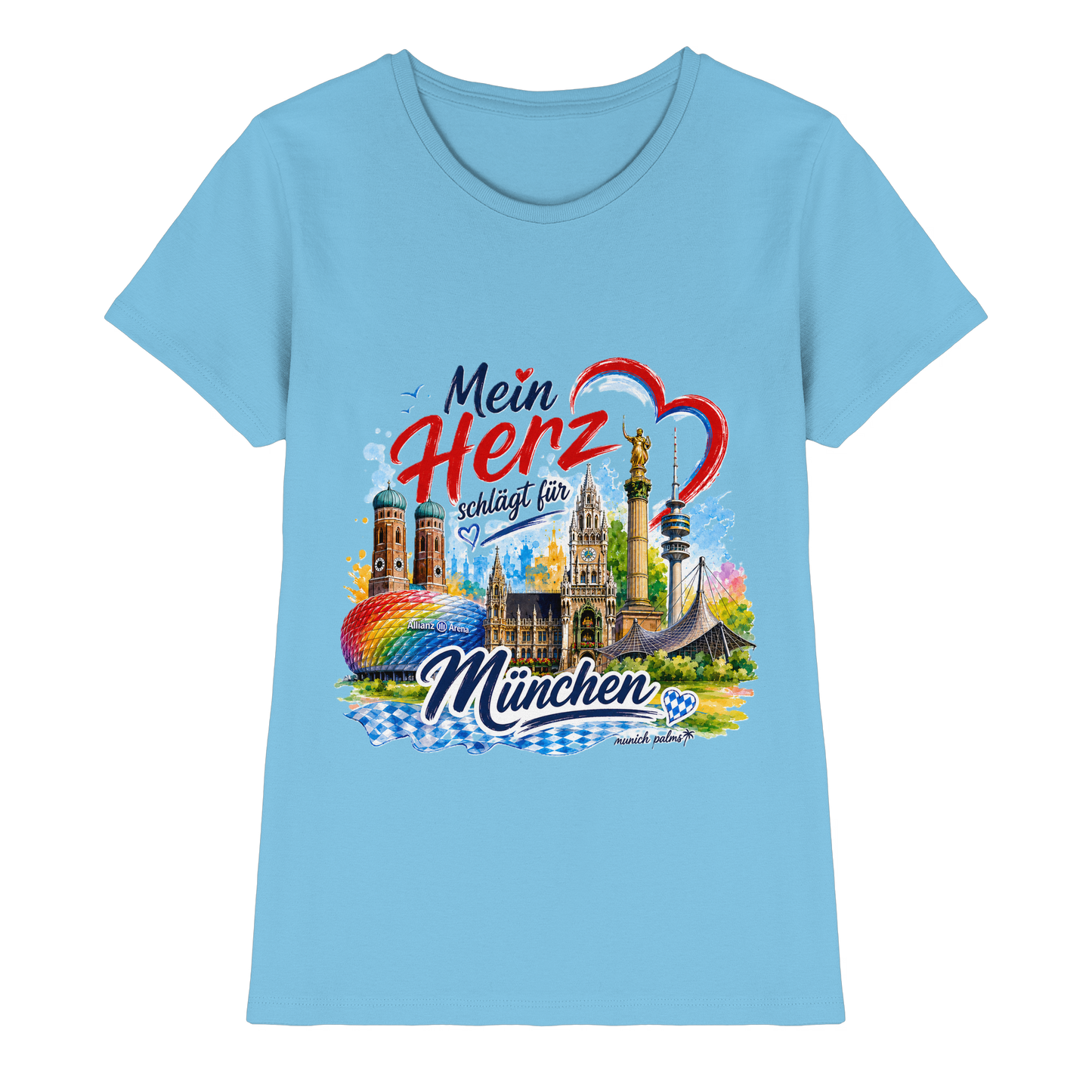 Buntes München Design auf einem Damen Premium-Shirt mit Wahrzeichen, hellblaues Damen-Shirt, München Palms Design