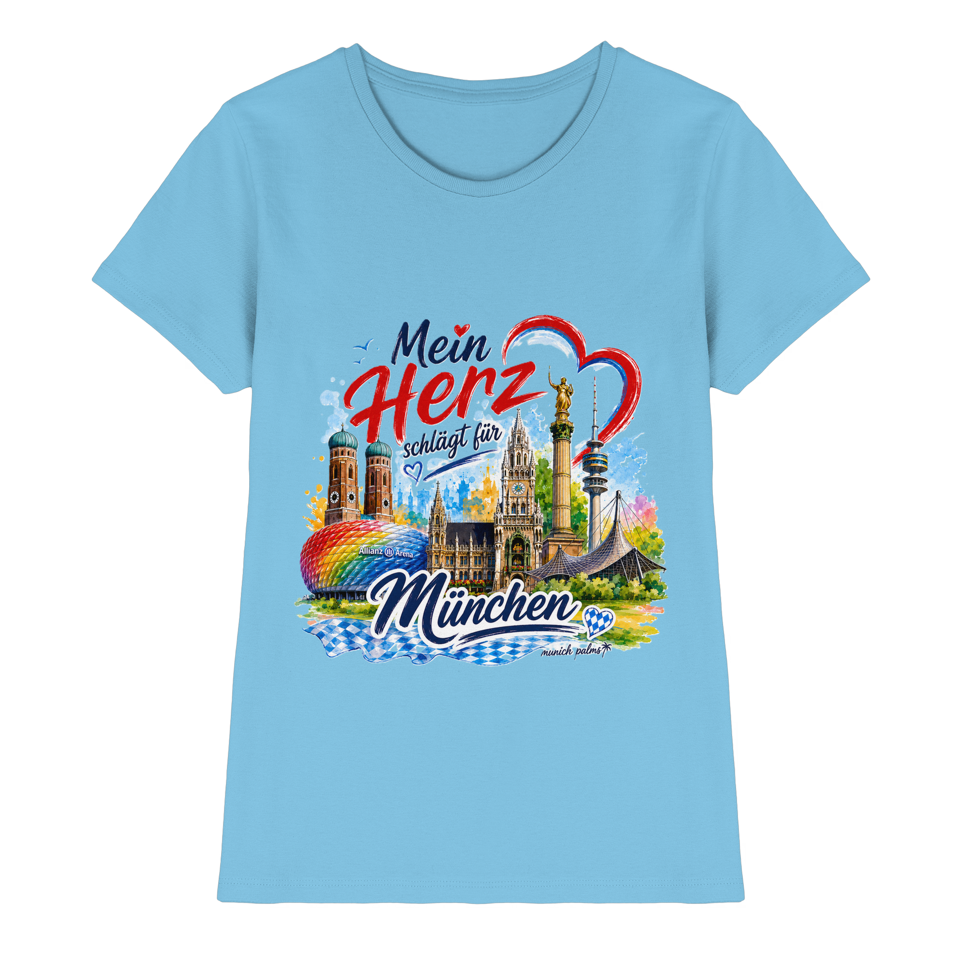 Buntes München Design auf einem Damen Premium-Shirt mit Wahrzeichen, hellblaues Damen-Shirt, München Palms Design