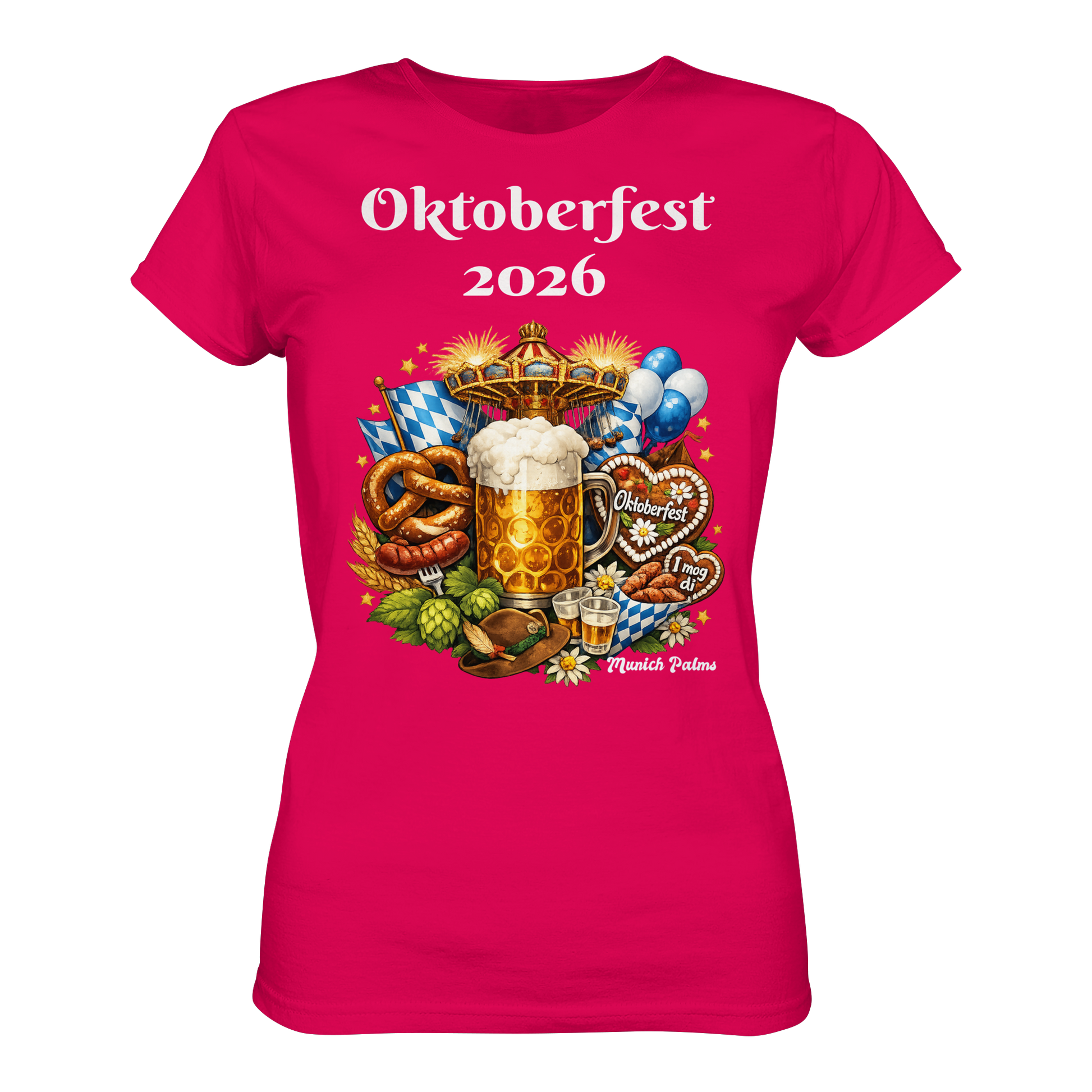 Damen Premium-Shirt mit Oktoberfest 2026 München Design, Frontansicht, bequemes Damen-Shirt in Sorbet-Farbe.