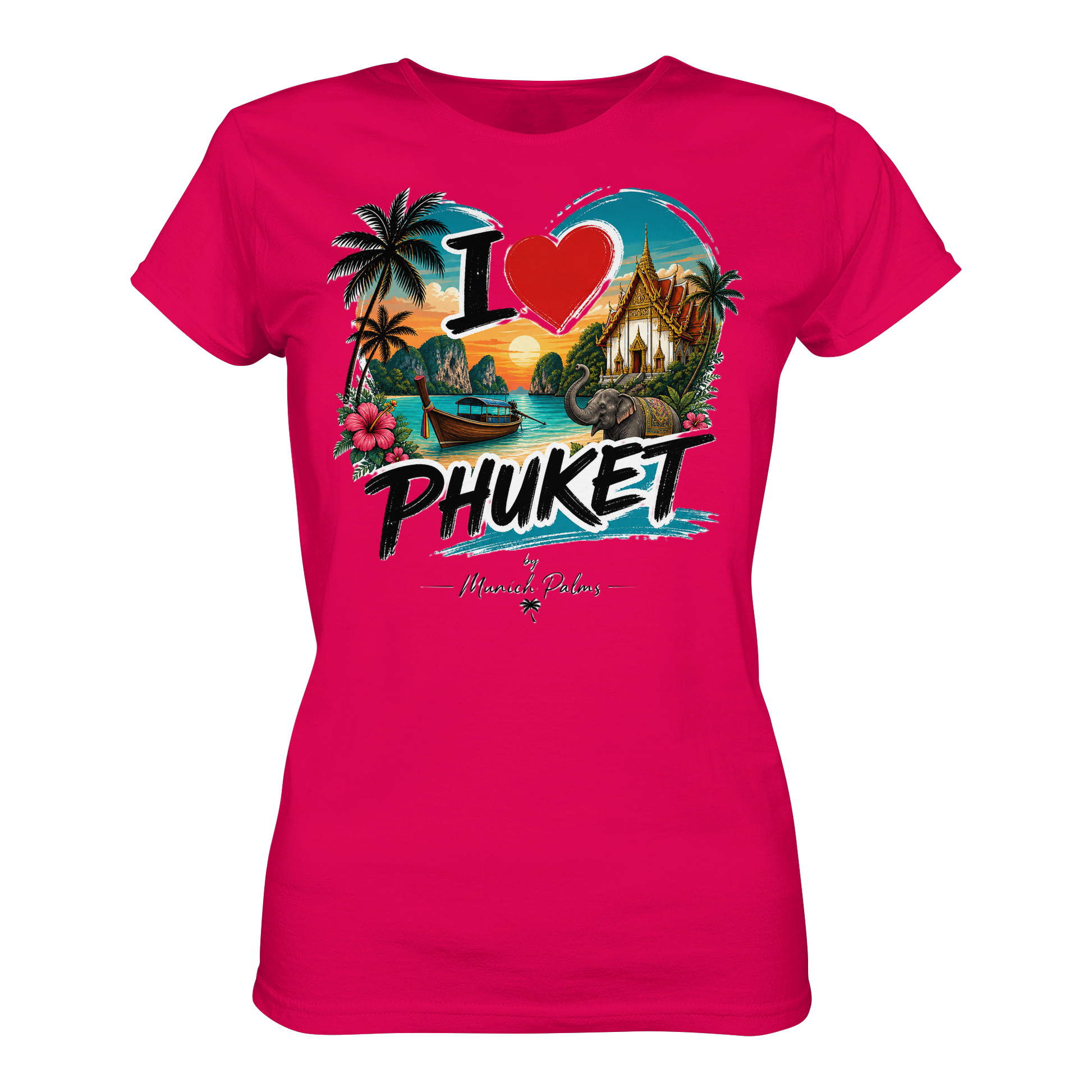 Herren- oder Damen-T-Shirt mit "I love Phuket" Druck, bequemes Premium-Shirt für Damen in Sorbet-Farbe, von Online Kaufhaus München