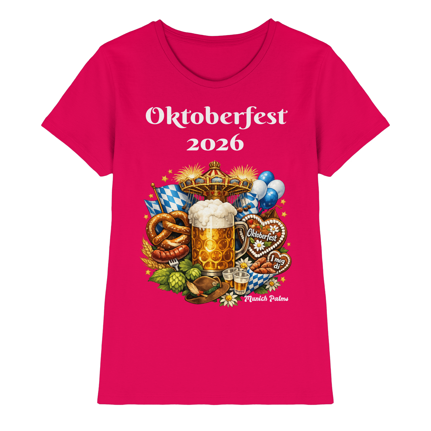 Oktoberfest 2026 München Damen Premium-Shirt, Sorbet-Farbe, Vorderseite, hochwertiges Damen-Shirt im Munich-Design