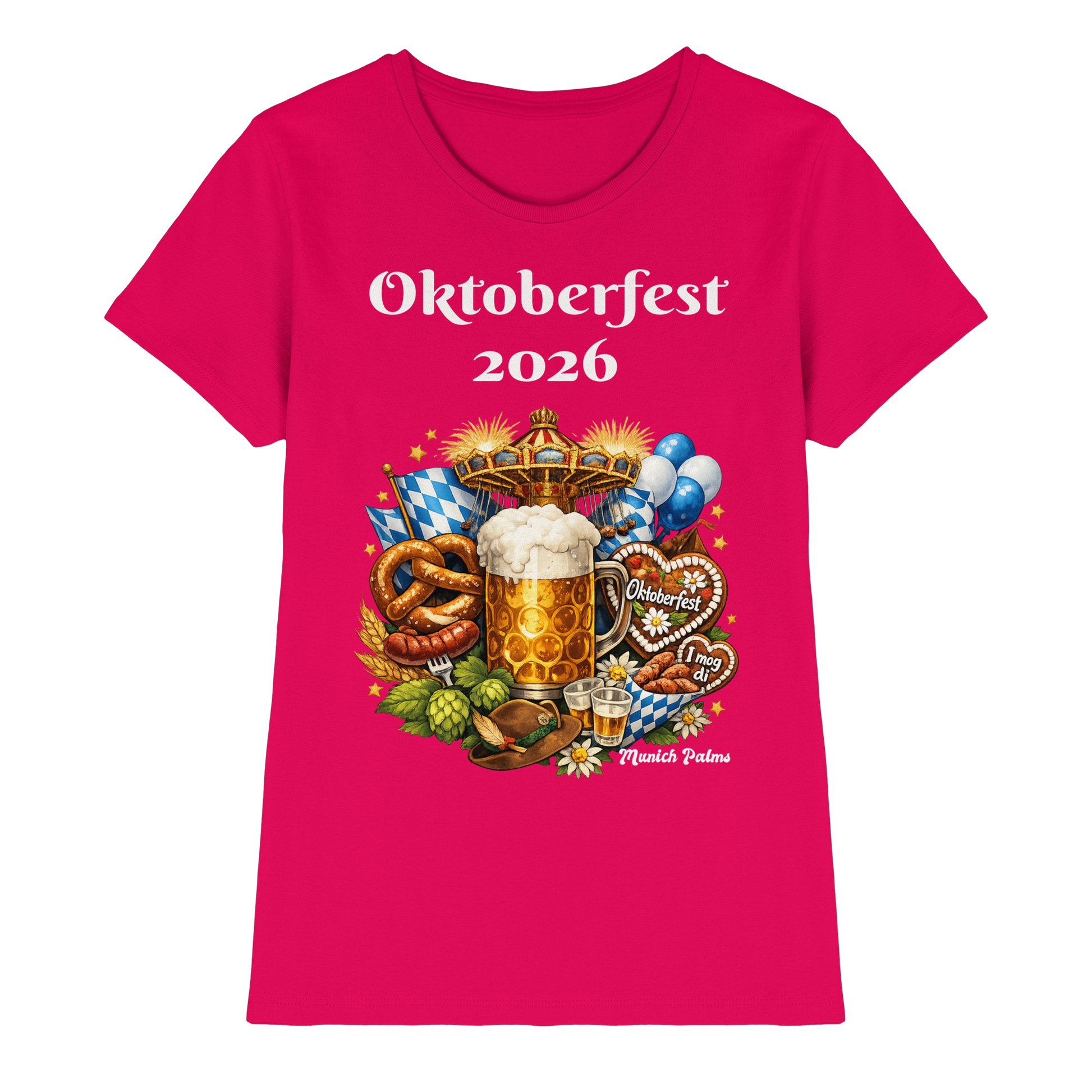 Oktoberfest 2026 München Damen Premium-Shirt, Sorbet-Farbe, Vorderseite, hochwertiges Damen-Shirt im Munich-Design