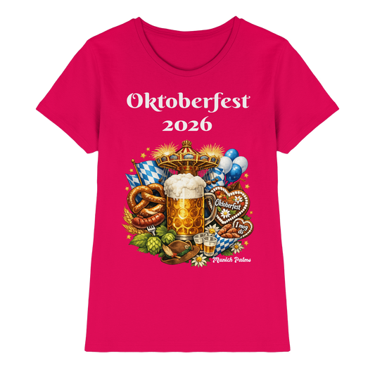 Oktoberfest 2026 München Damen Premium-Shirt, Sorbet-Farbe, Vorderseite, hochwertiges Damen-Shirt im Munich-Design