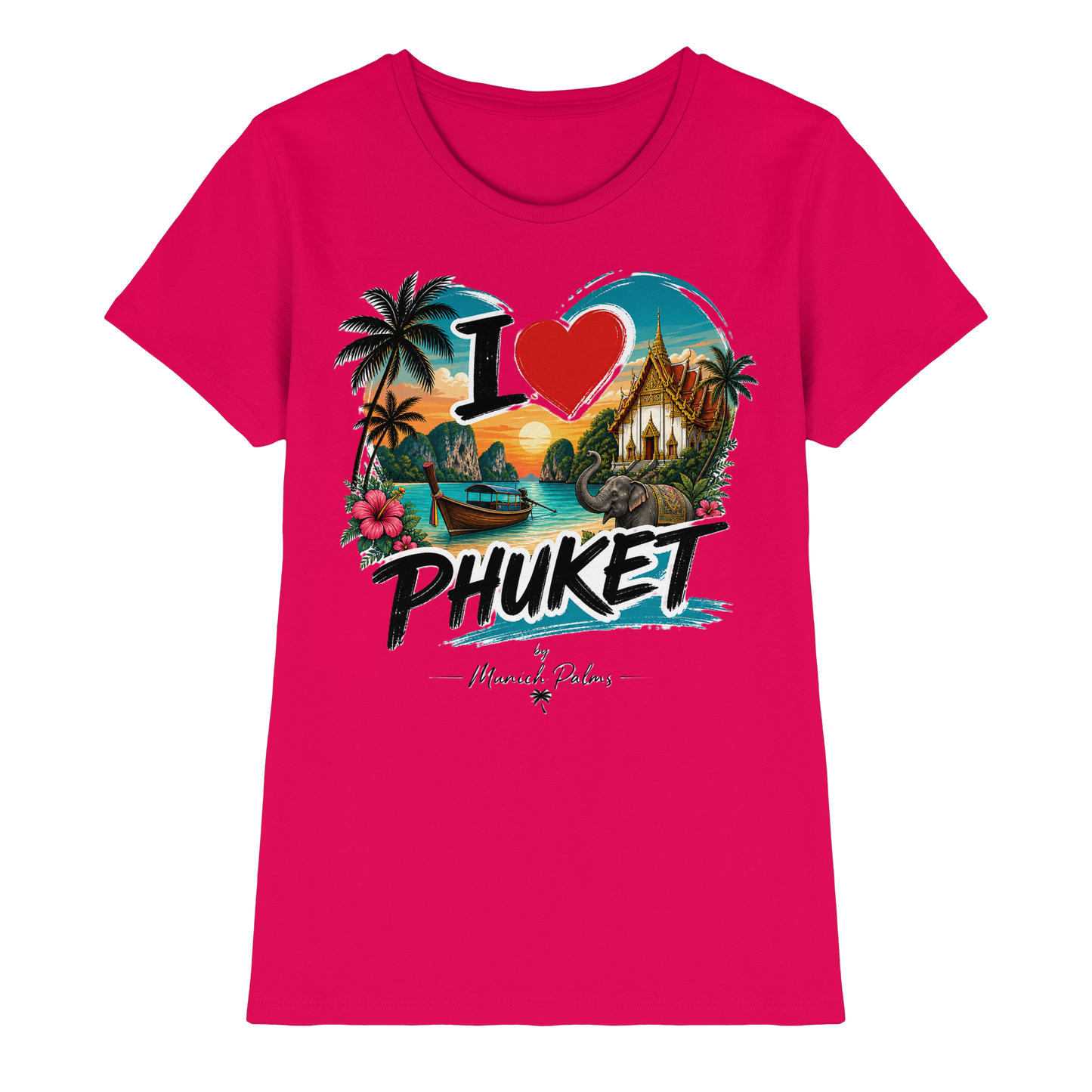 Damen Premium-Shirt mit "I love Phuket" Schriftzug in Sorbet-Farbe, vorneansicht, bequemes Lady-Shirt von Online Kaufhaus München