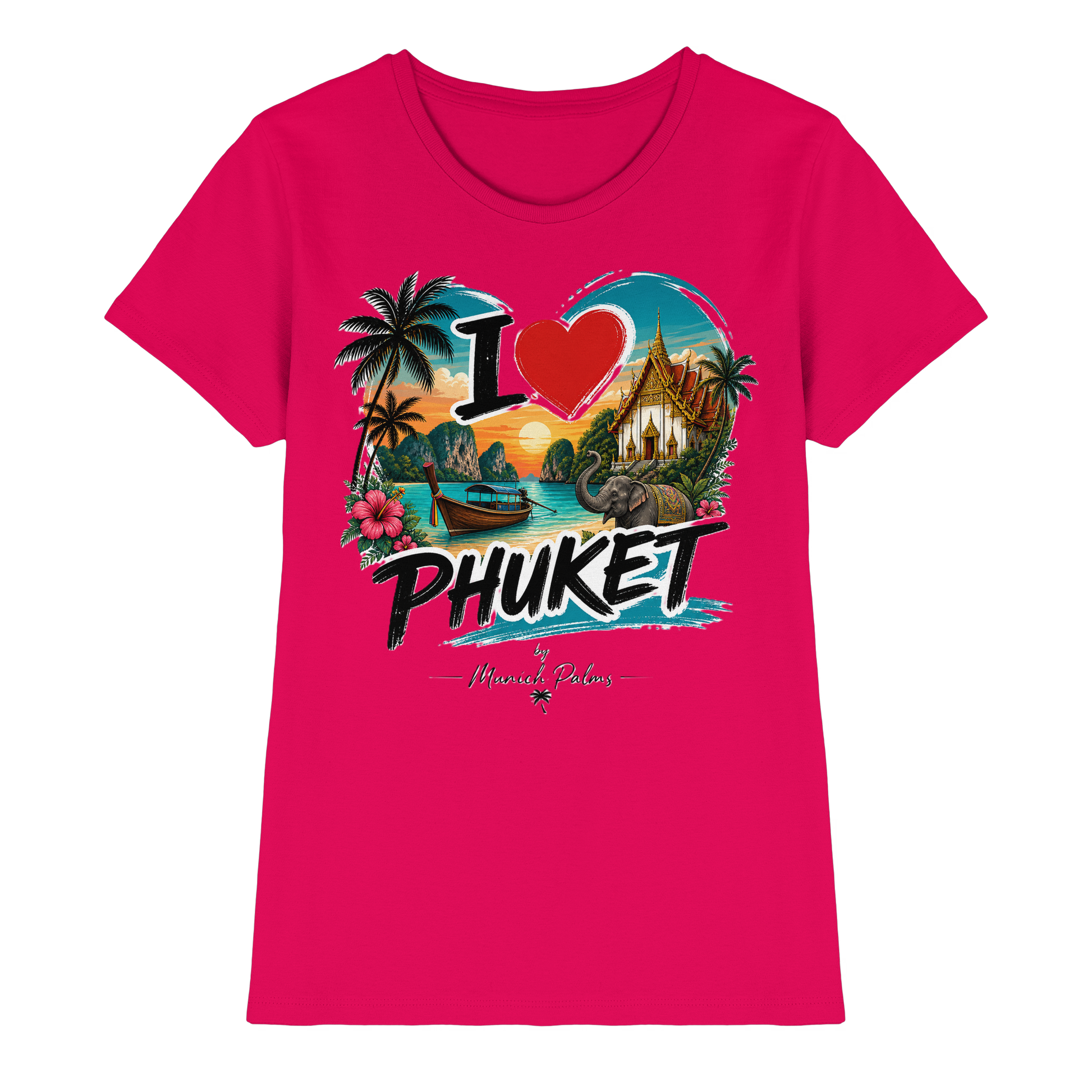 Damen Premium-Shirt mit "I love Phuket" Schriftzug in Sorbet-Farbe, vorneansicht, bequemes Lady-Shirt von Online Kaufhaus München