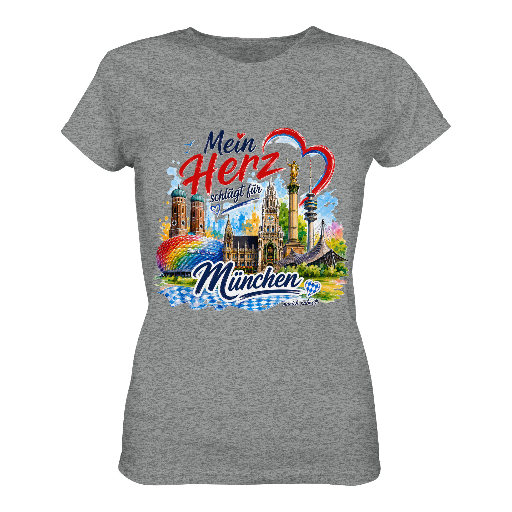 Damen-Shirt mit buntem München-Design und Wahrzeichen, sports grey Meliert, mit Herzmotiv, von Munich Palms.