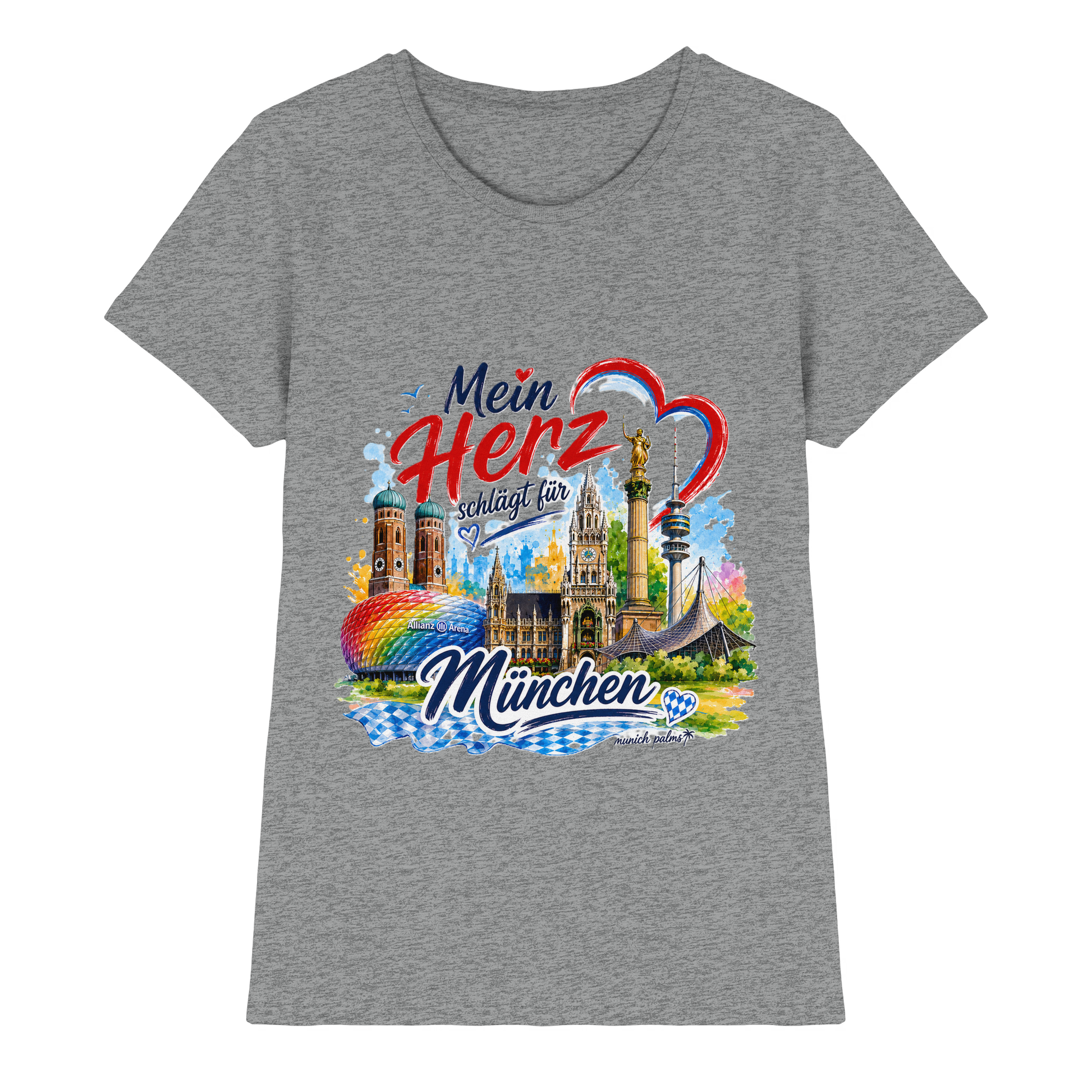 Buntes München Design auf grauem Damen-Shirt mit Wahrzeichen, hochwertiges Ladies Premium Shirt von Munich Palms.