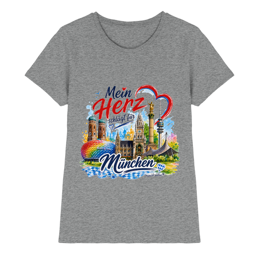 Buntes München Design auf grauem Damen-Shirt mit Wahrzeichen, hochwertiges Ladies Premium Shirt von Munich Palms.