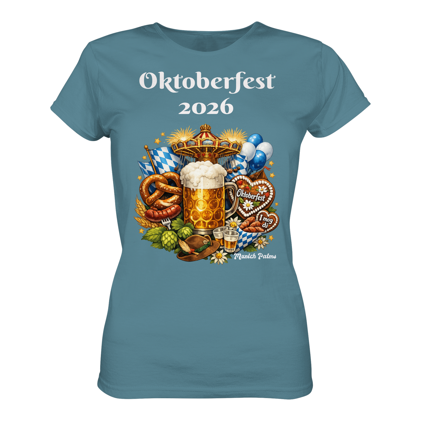 Lady-Shirt mit Oktoberfest 2026 München Design in Steinblau, Premiumqualität, Damenmode, Frontansicht