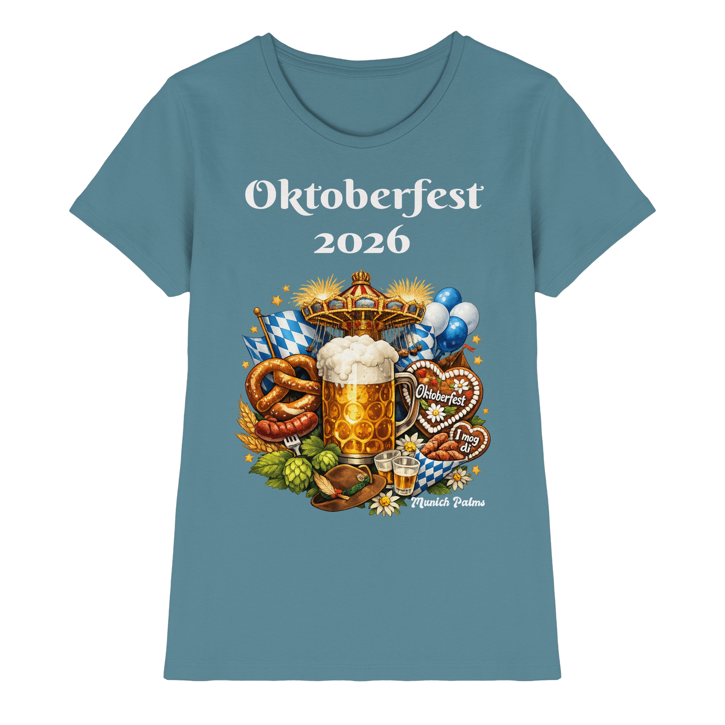 Herren Damen Oktoberfest 2026 München Design Damen Premium Shirt in Steinblau, Vorderansicht, Damenmode, Online Kaufhaus München