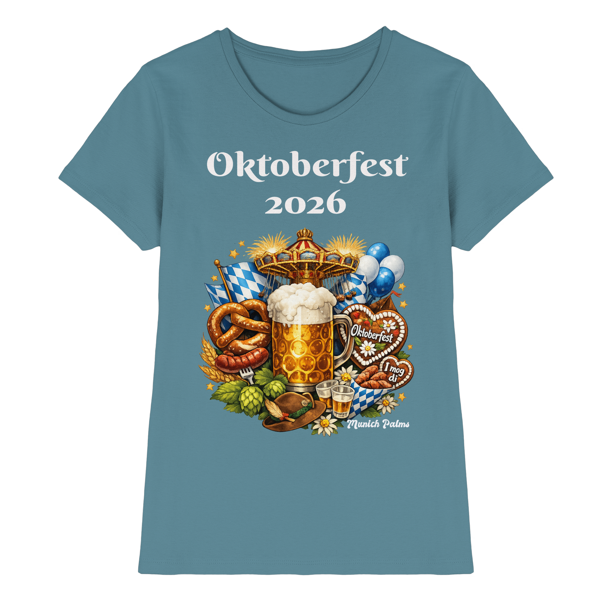 Herren Damen Oktoberfest 2026 München Design Damen Premium Shirt in Steinblau, Vorderansicht, Damenmode, Online Kaufhaus München