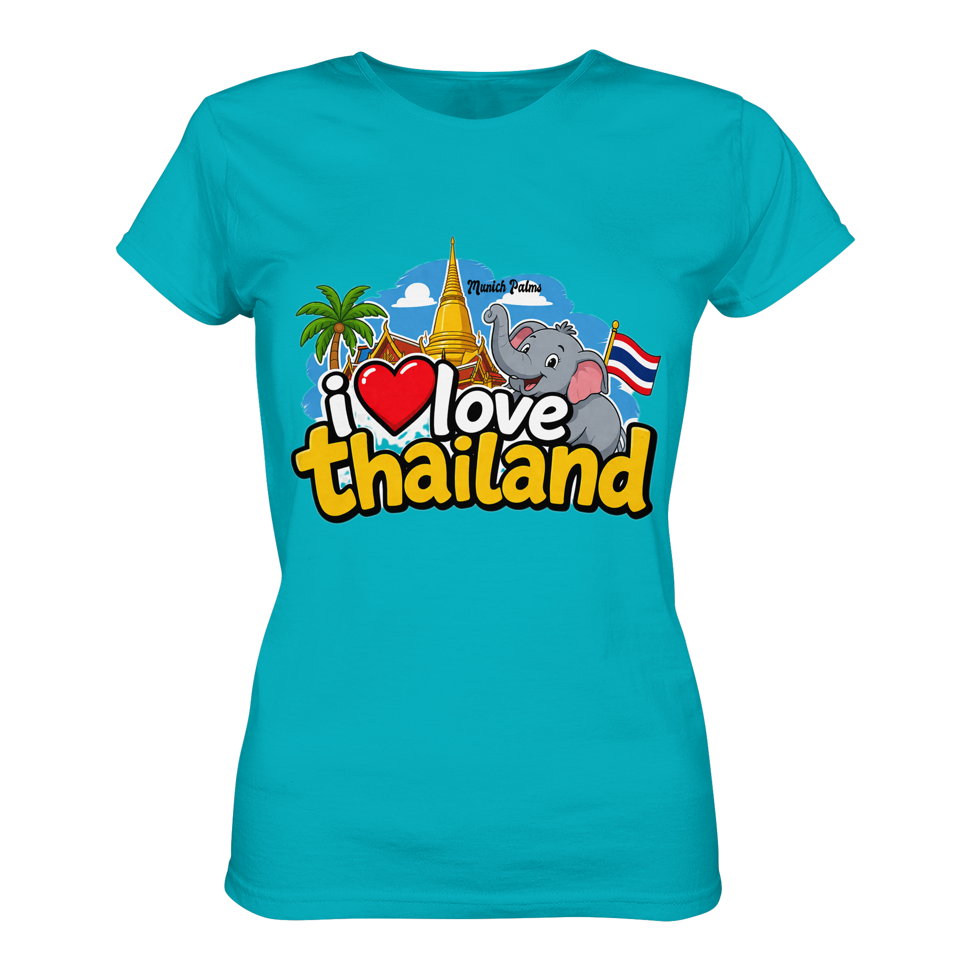 Dament-Shirt mit "I love Thailand" Aufdruck, Premium-Qualität, vorne sichtbar, für Damen, in Blau mit Pool-Motiv, von Online Kaufhaus München