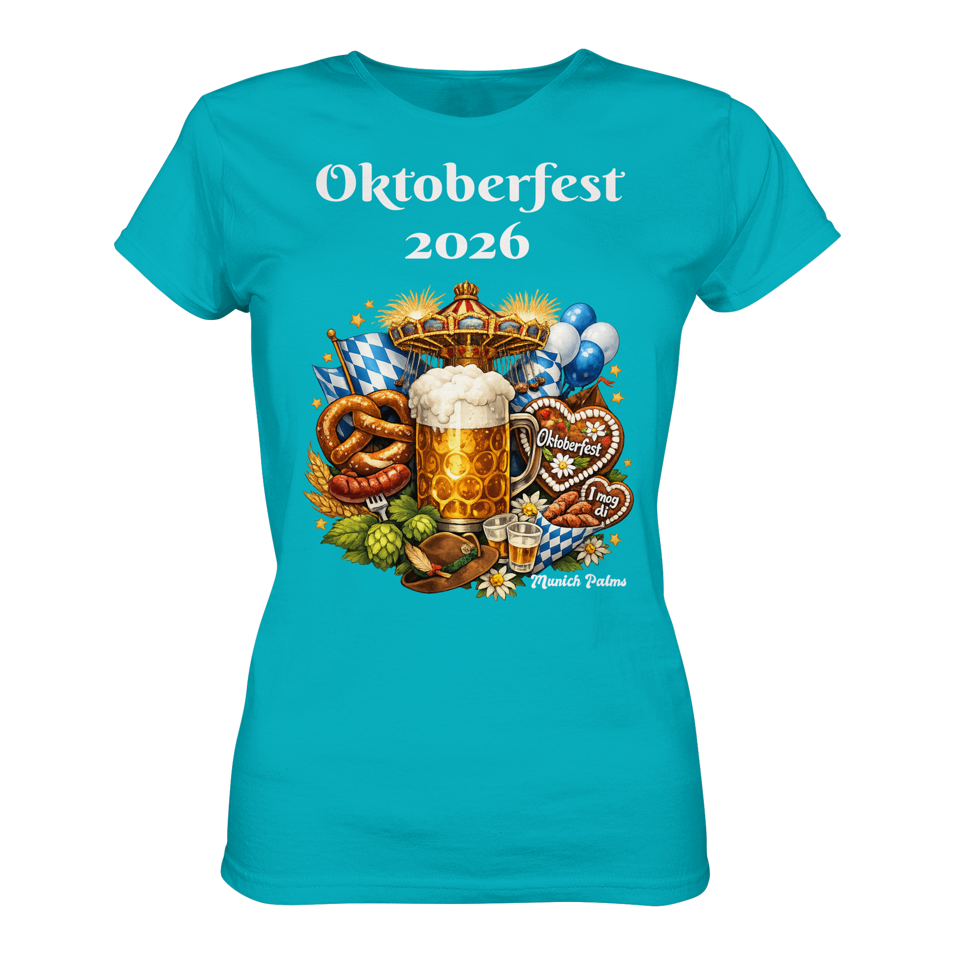 Damen-Premium-Shirt mit Oktoberfest 2026 München Design, vorne sichtbar, bequemes Damen-Shirt für Oktoberfest-Feiern