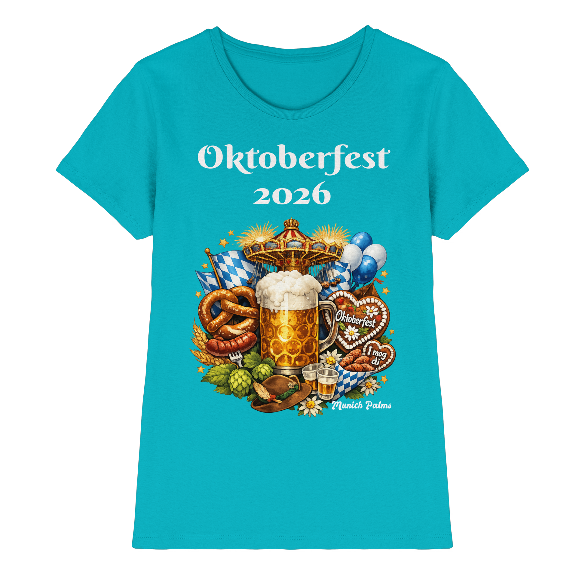 Damen Premium-Shirt mit Oktoberfest 2026 München Design, Frontansicht, bequemes Lady-Shirt mit Oktoberfest-Motiv.