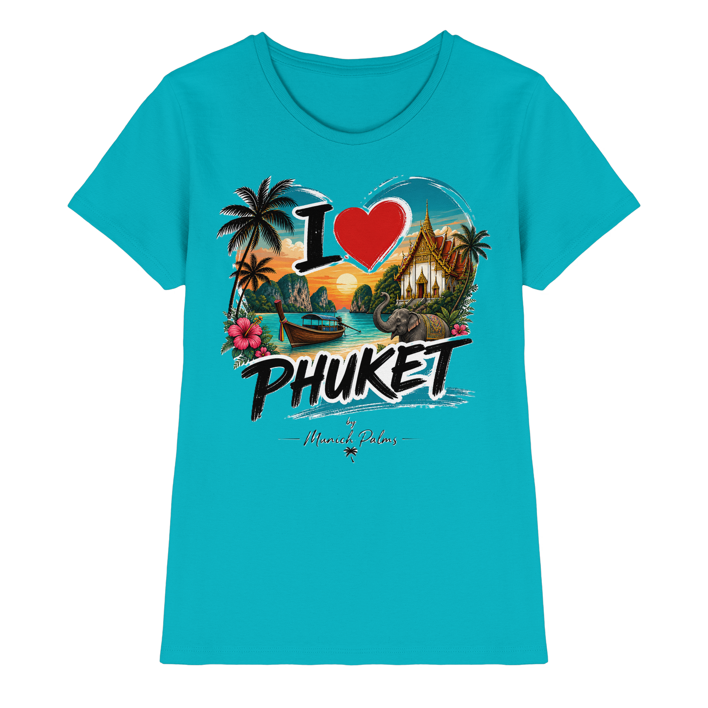 Damen Premium-Shirt "I love Phuket" mit Pool-Motiv, frontale Ansicht, bequemes Damen-Shirt für den Sommer.