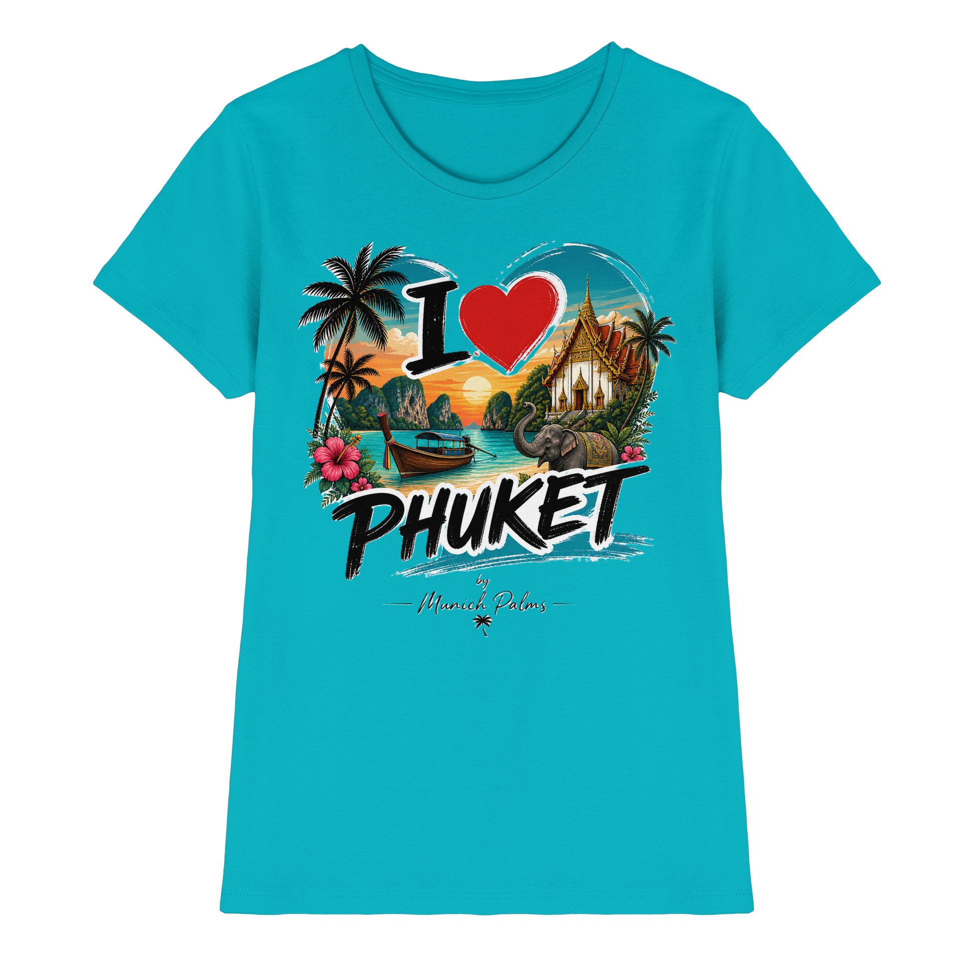 Damen Premium-Shirt "I love Phuket" mit Pool-Motiv, frontale Ansicht, bequemes Damen-Shirt für den Sommer.