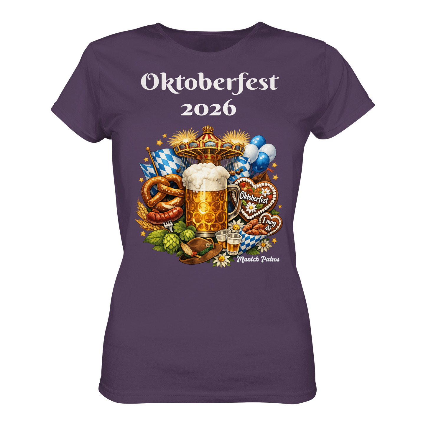 Ladyl-Shirt mit Oktoberfest 2026 München Design in urban Purple, hochwertiges Damen-Shirt, Frontansicht, stilvoller Druck