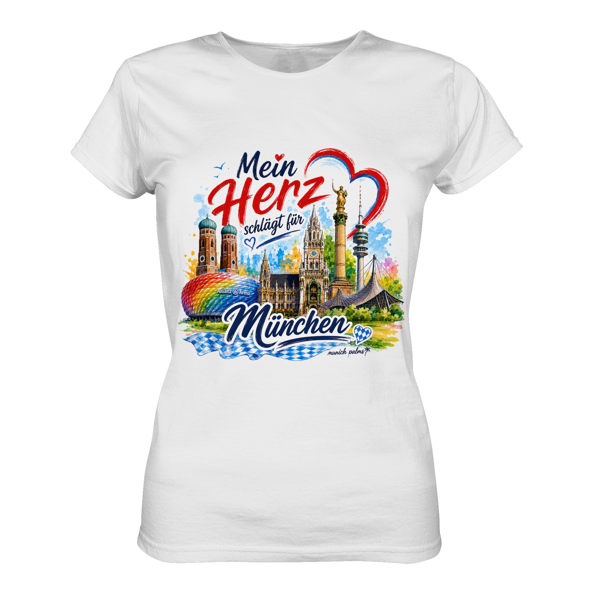 Weißes Damen-T-Shirt mit buntem München-Design und Wahrzeichen, hochwertiges Lady-Shirt von Munich Palms.