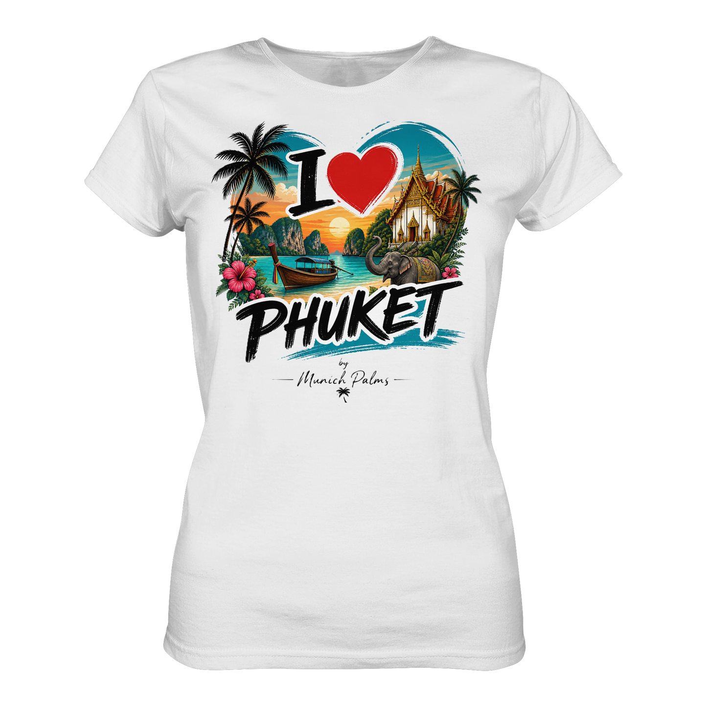 Weißes Damen-Premium-Shirt "I love Phuket" von Online Kaufhaus München, vorderansicht, bequemer Damen-T-Shirt mit Druck
