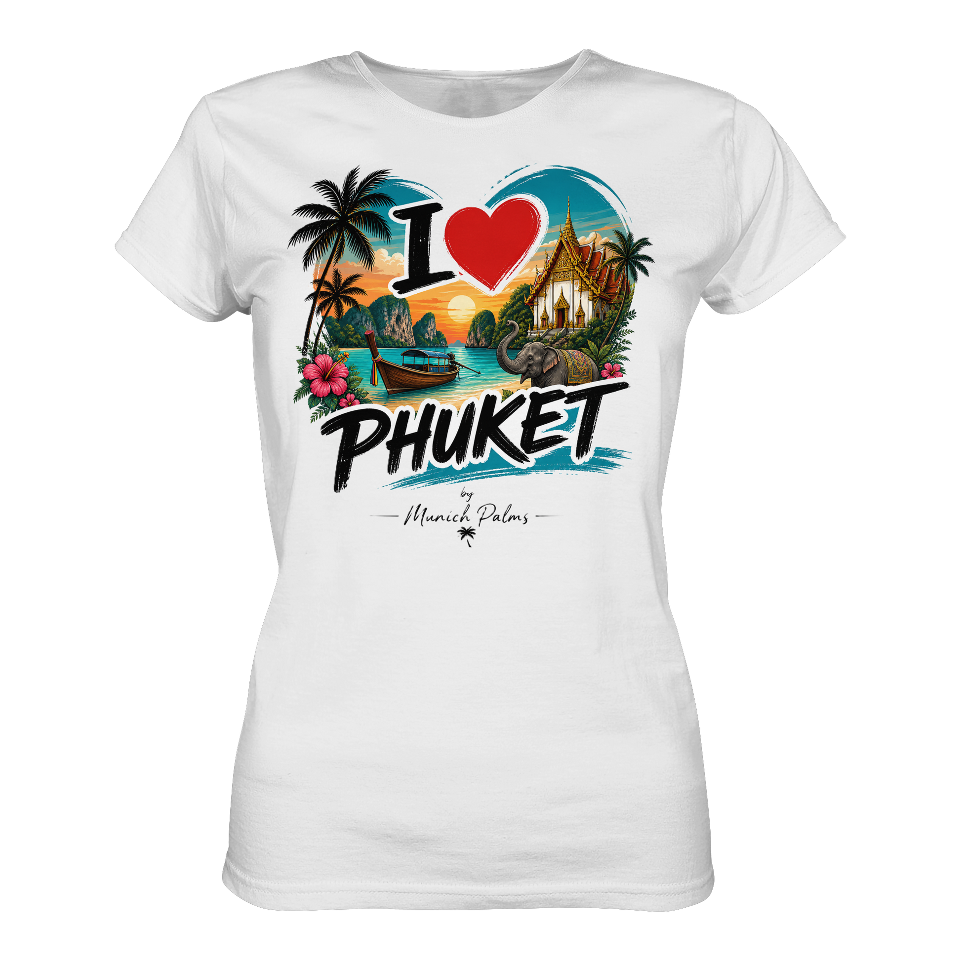 Weißes Damen-Premium-Shirt "I love Phuket" von Online Kaufhaus München, vorderansicht, bequemer Damen-T-Shirt mit Druck